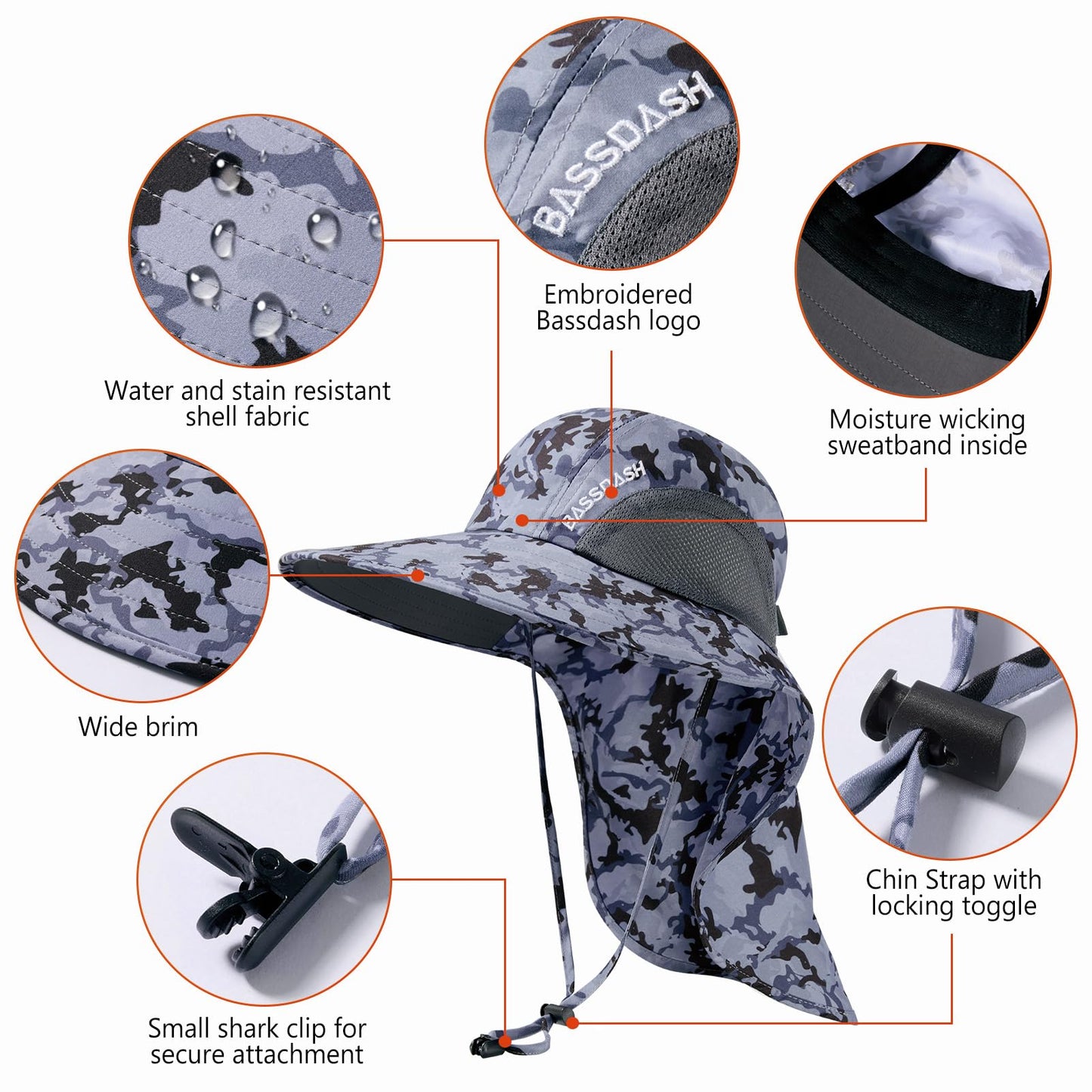 BASSDASH UPF 50+ Unisex Water Resistant Wide Brim Sun Hat with Large Neck Flap Ponytail Fishing Hat for Men Women