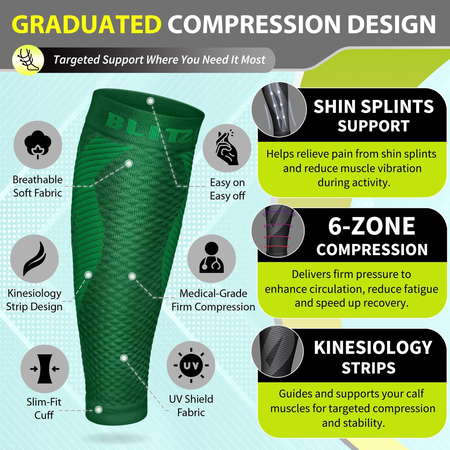 BLITZU Calf Compression Sleeve for Men & Women Footless Compression Socks Support Runners Leg Sleeve Shin Splints Pain Relief