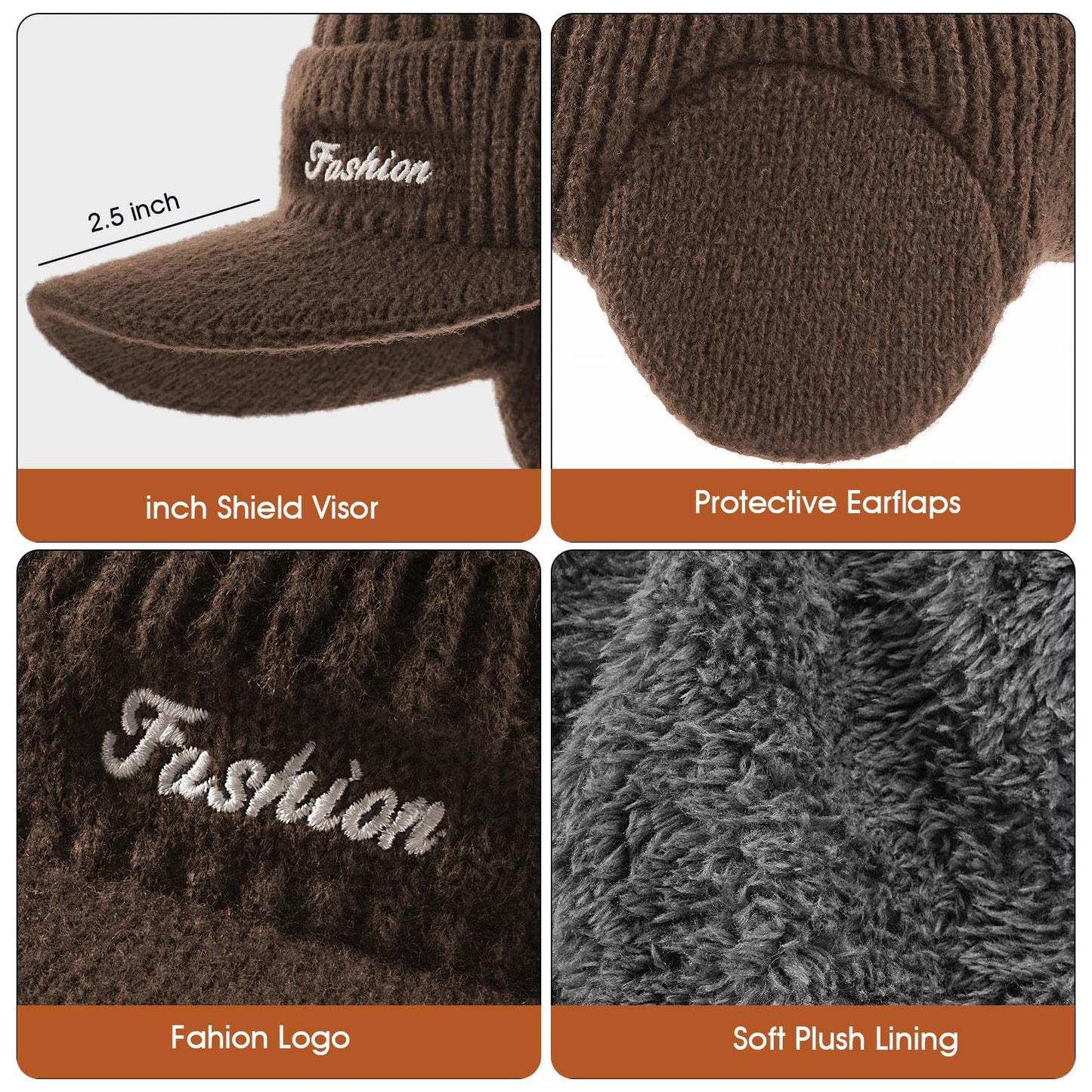 Winter Hat with Ear Flaps for Men, Beanie with Brim Hat Scarf Set, Warm Fleece Lined Skull Cap Neck Warmer for Women