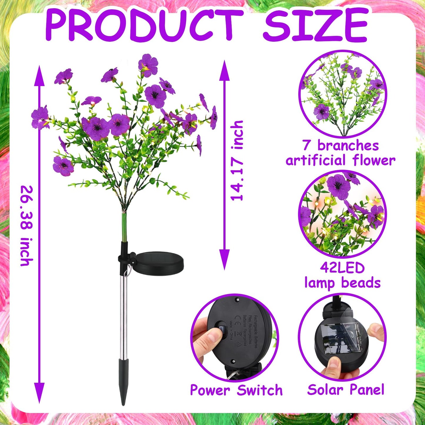 Glooglitter 2 Pack Solar Stake Lights Outdoor Decor Waterproof Mums Artificial Flowers Solar Lights for Outdoor Garden Yard Pathway Decor (Rose Red,Violet)