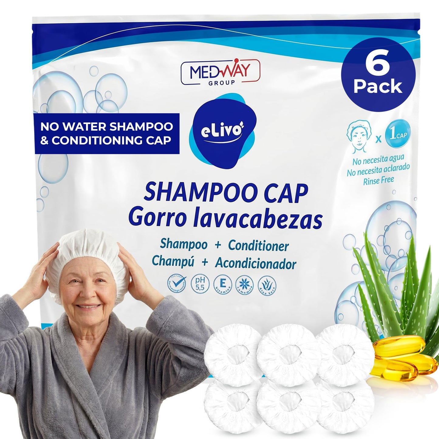MedVance No Rinse Shampoo Cap, Rinse Free Shower Cap that Shampoos & Conditions, Elderly Care Products, Bedridden Patients, PH Balanced & Hypoallergenic, 3 Pack