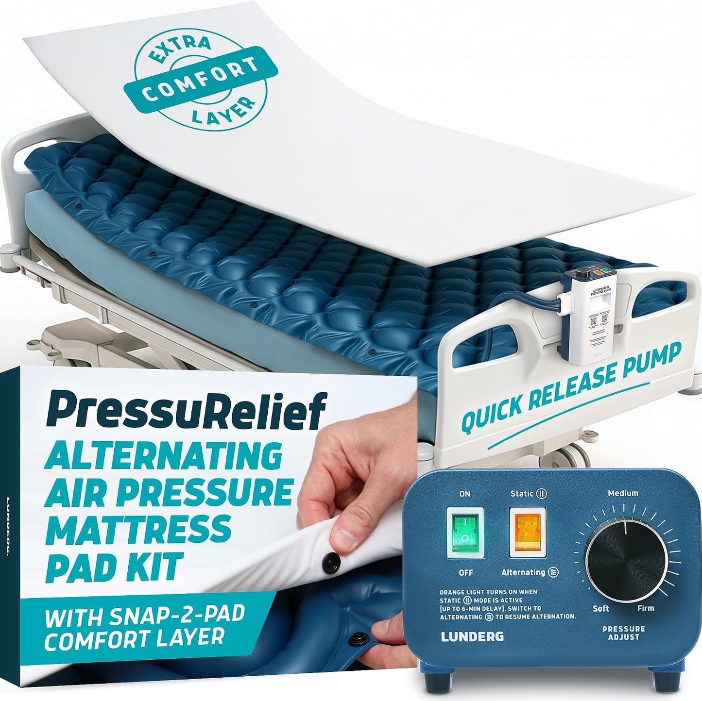 Lunderg Alternating Air Pressure Mattress Pad with Static Mode - Comfortable Bed Sore Prevention - Includes Waterproof Mattress Topper for Hospital Bed or Home & Quiet Pump - Doctors Recommended