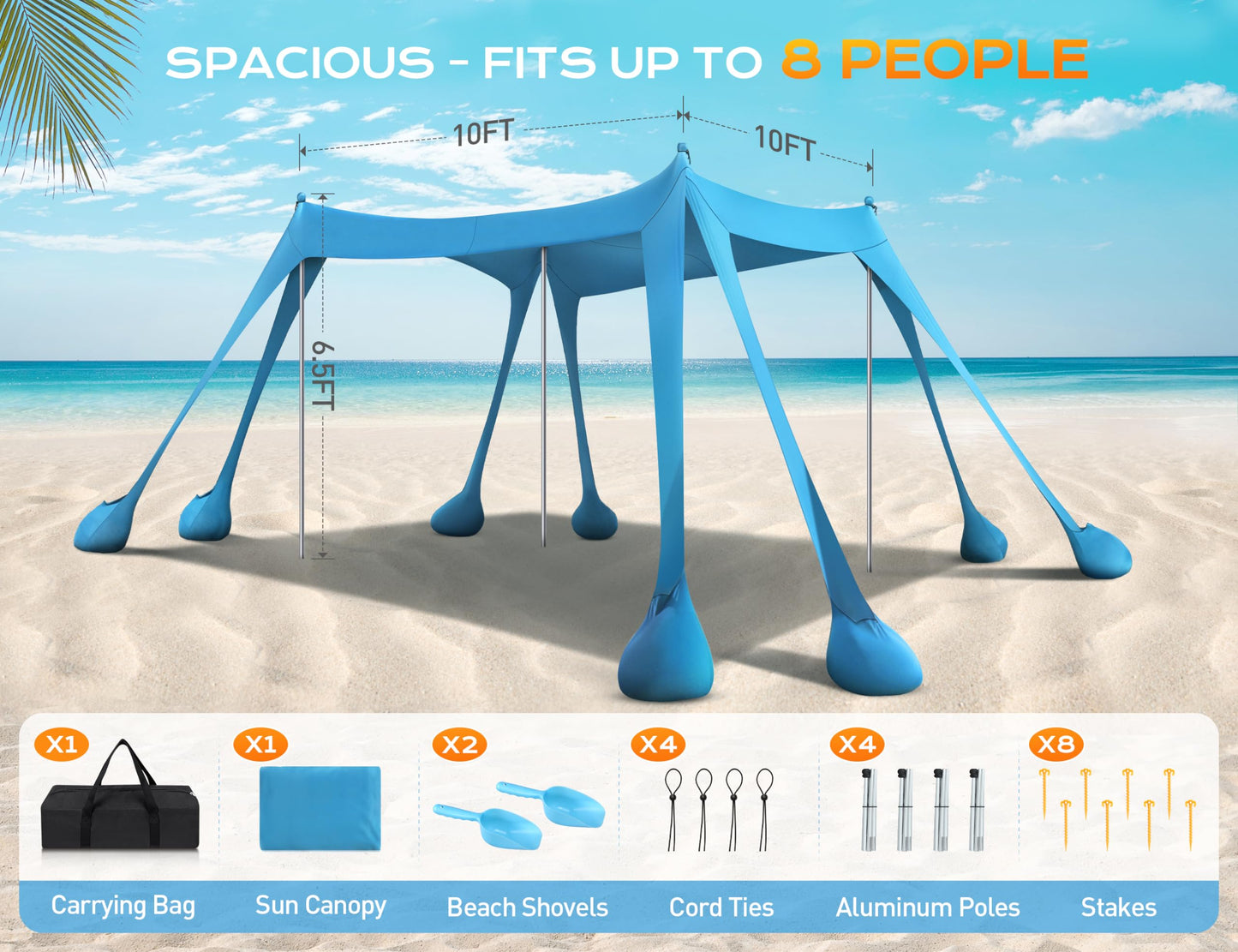 Rengue Beach Tent, Beach Canopy UPF50+ UV Protection, 10x10ft Beach Shade Sun Shelter with 8 Sandbags, Sand Shovels, Ground Peg, Stability Poles for Camping, Fishing, Picnic, Backyard Fun, Light Green