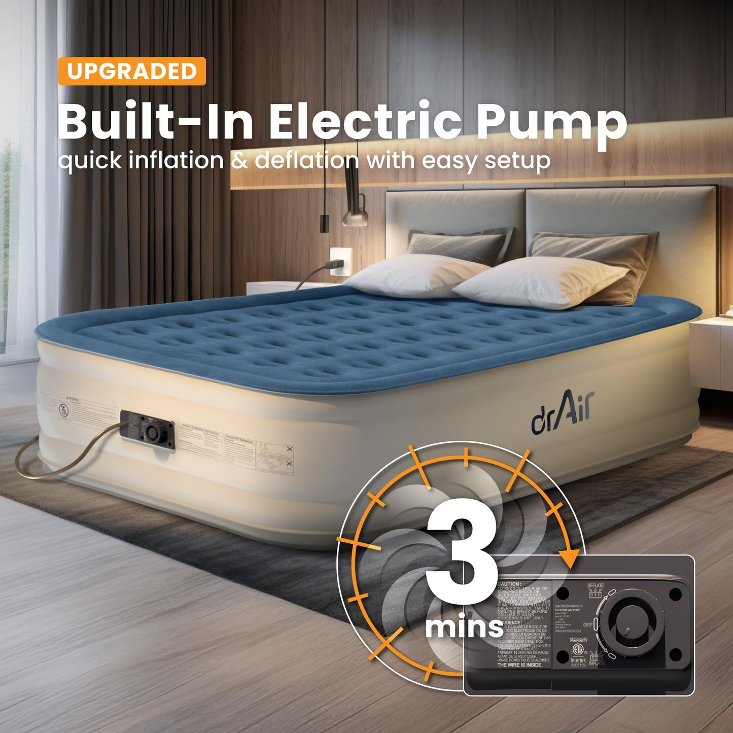 Dr. air Full Air Mattress with Built-in Pump, 18" Raised Blow Up Mattress, 600 lbs Max Honeycomb Air Bed, 48Hr Leak-Proof Test, 3min Inflatable Mattress for Home, Guests, Camping, Colchones inflables