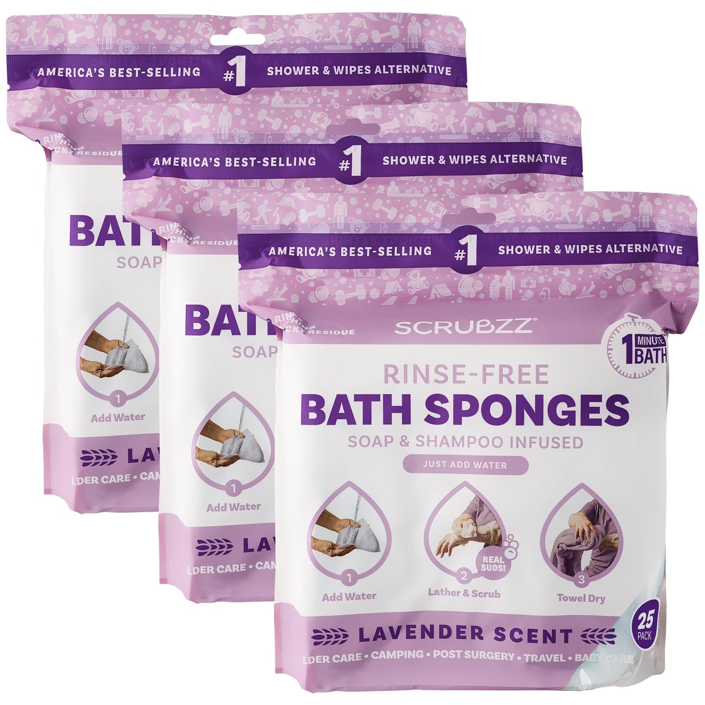 Scrubzz Disposable Rinse Free Bathing Wipes - 25 Pack - All-in-1 Single Use Shower Wipes, Simply Dampen, Lather, and Dry Without Shampoo or Rinsing