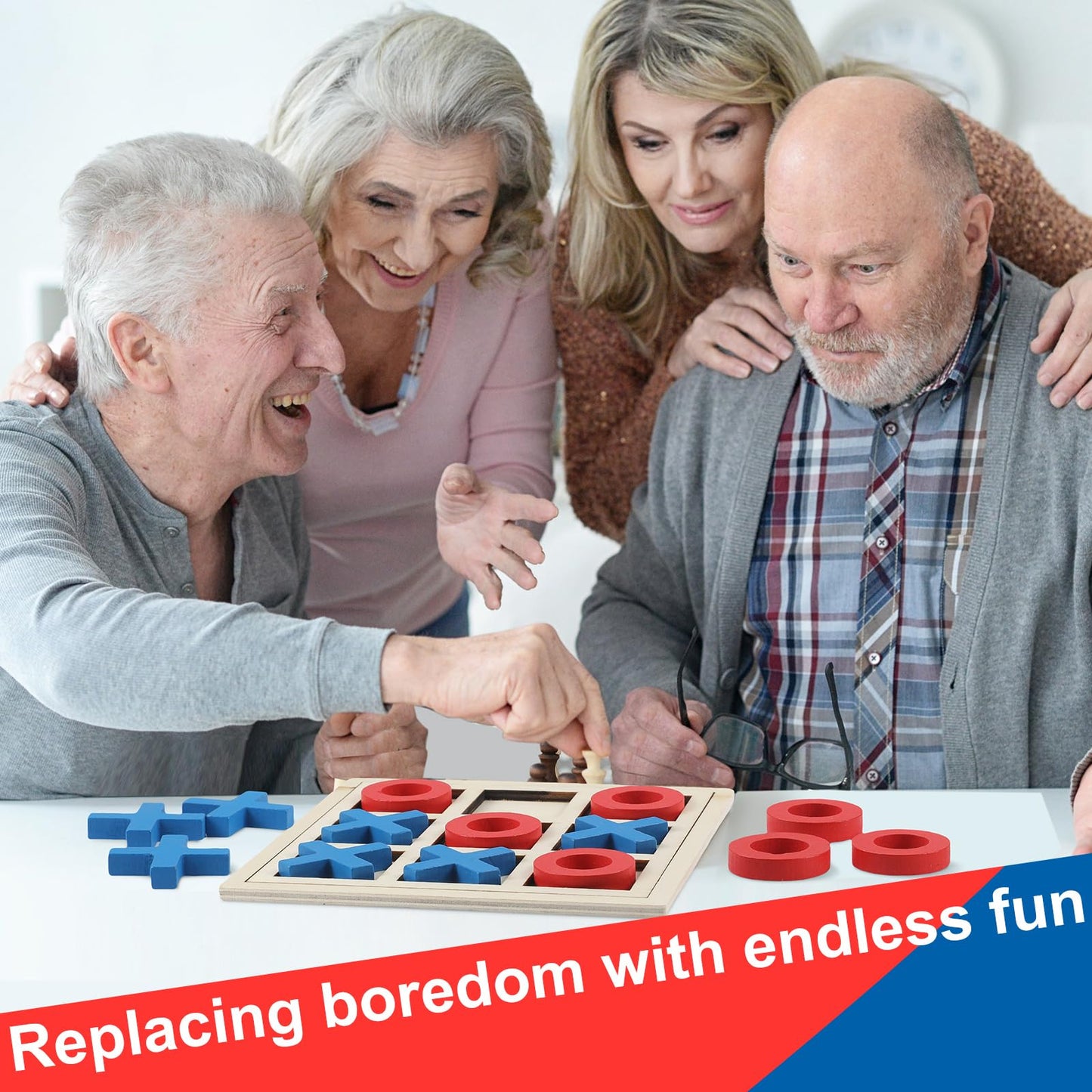 Seenelling Jumbo Wooden Tic Tac Toe Game Dementia Activities for Alzheimers Seniors with Matching and Puzzle Templates XO Chess Board Game for Elderly Engaging Table Decor(Blue, Red)