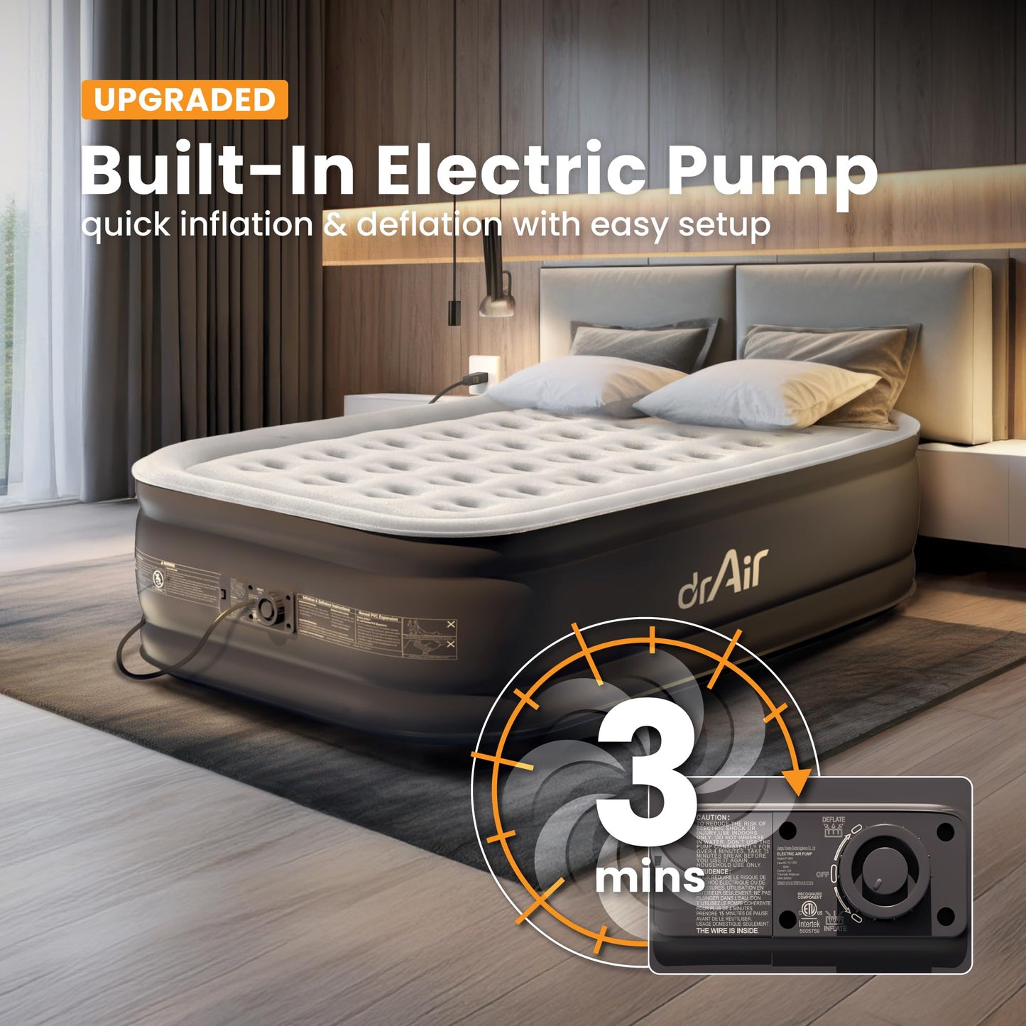 Dr. air Full Air Mattress with Built-in Pump, 18" Raised Blow Up Mattress, 600 lbs Max Honeycomb Air Bed, 48Hr Leak-Proof Test, 3min Inflatable Mattress for Home, Guests, Camping, Colchones inflables