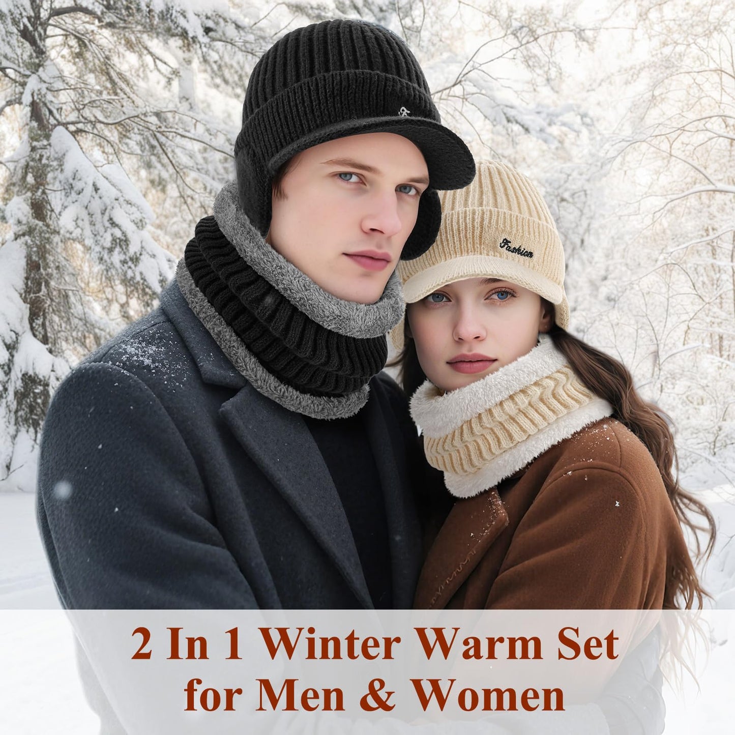 Winter Hat with Ear Flaps for Men, Beanie with Brim Hat Scarf Set, Warm Fleece Lined Skull Cap Neck Warmer for Women