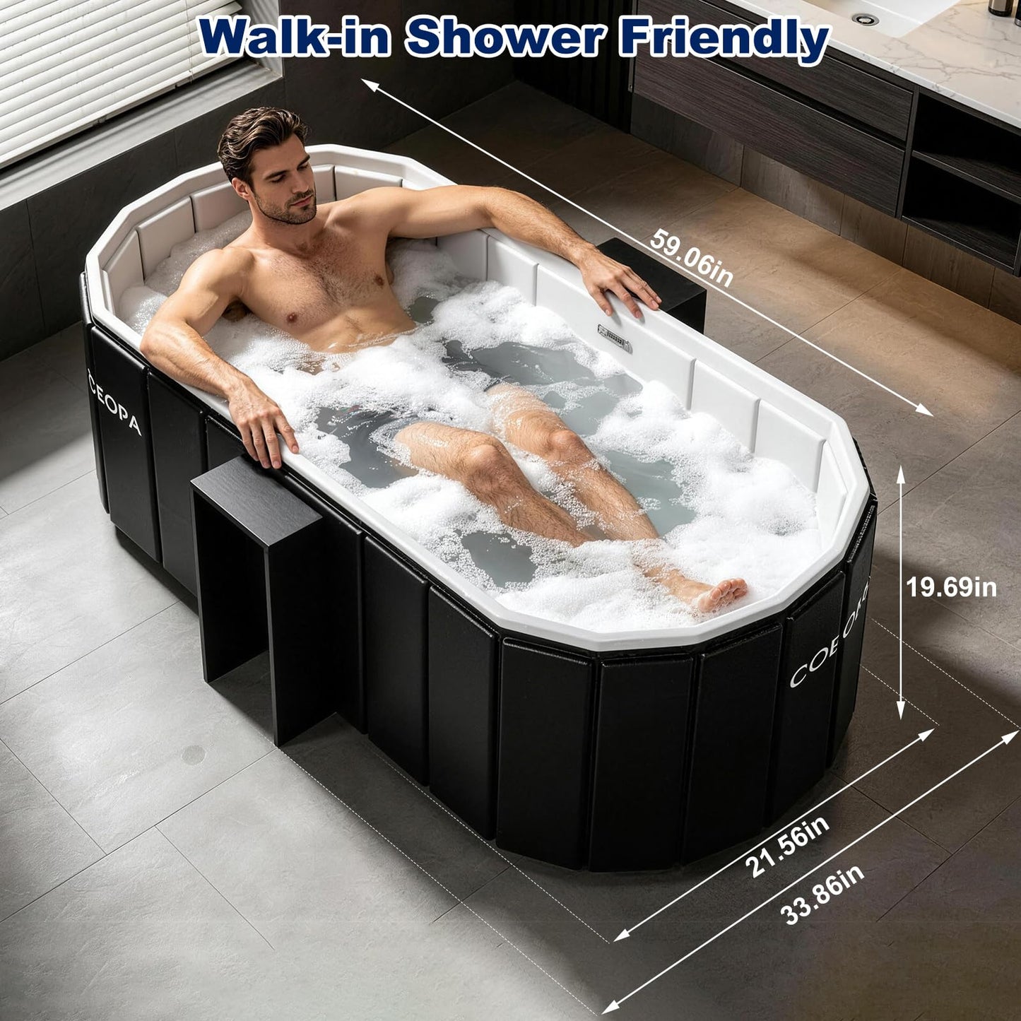 Portable Bathtub for Adult 59" Large Collapsible Cold Plunge Bathtub Foldable No Installation Ice Bath Tub for Shower Stall, Bathroom Hot SPA Soaking Standing Tub