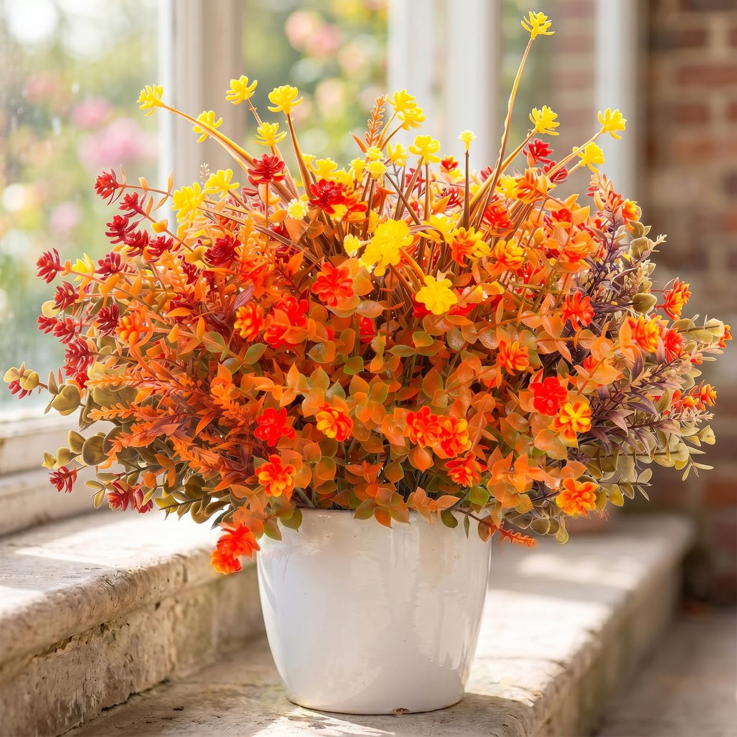 Hananona 12 Pcs Artificial Flowers Outdoor, Faux Artificial Plants UV Resistant Plastic Flower Bulk for Hanging Planter Porch Window Home Wedding Fall Summer Decor (12, Fuchsia, Purple, Yellow, Green)