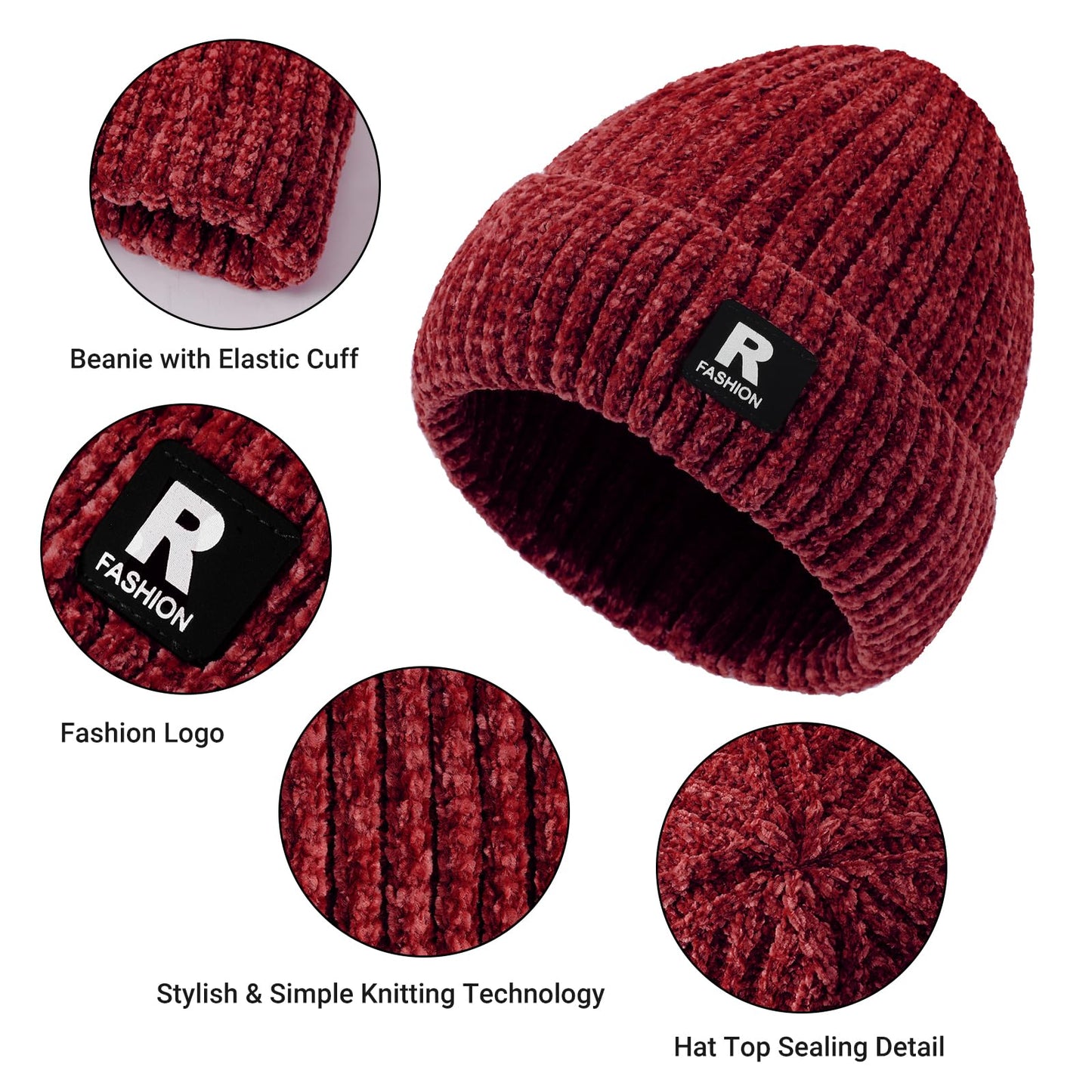 Winter Beanie Hat Circle Scarf Gloves Set for Men Women, Thick Warm Chenille Skull Cap Touchscreen Gloves Neck Warmer