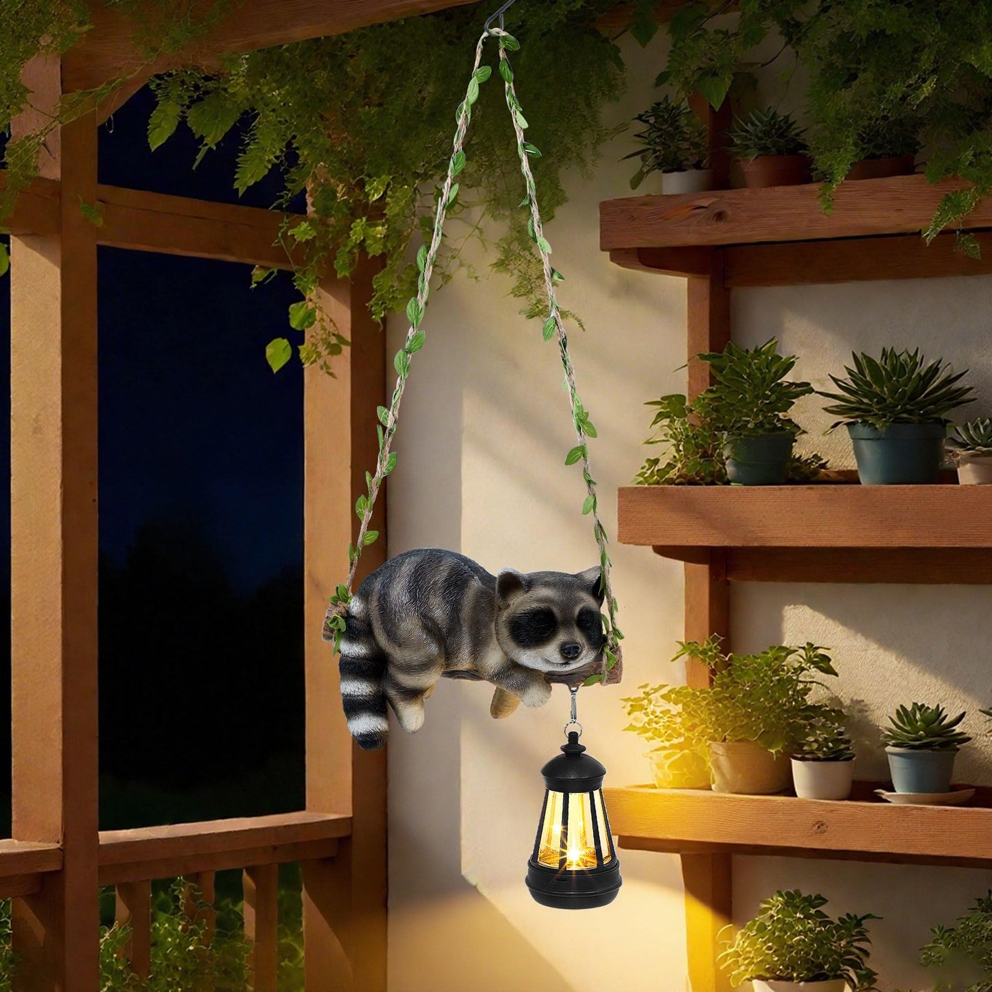 Solar Lighted Garden Outdoor Statue, 22.6" H Hanging Swing Lying with A Sleeping Cat and A LED Lantern, Resin Animal Figurine Hanging Ornaments with Hook for Decoration & Gift