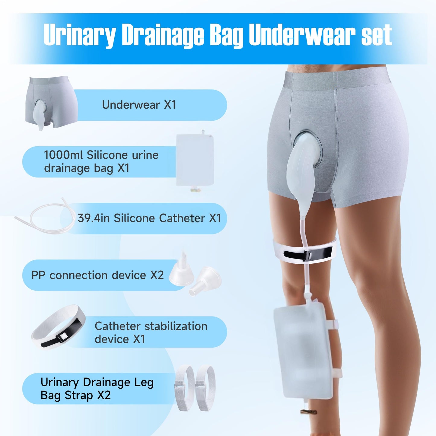 Men's Wearable Urine Collector Kit, Anti-Slip Silicone External Catheter, 1000mL Bag & 39.4-Inch Trimmable Tube for Travel, Driving and Daily Care