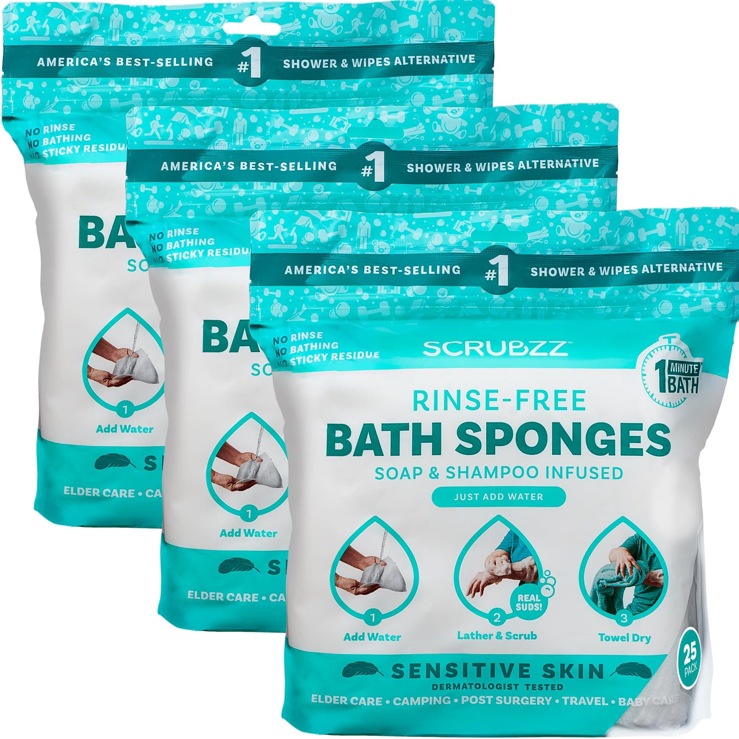Scrubzz Disposable Rinse Free Bathing Wipes - 25 Pack - All-in-1 Single Use Shower Wipes, Simply Dampen, Lather, and Dry Without Shampoo or Rinsing