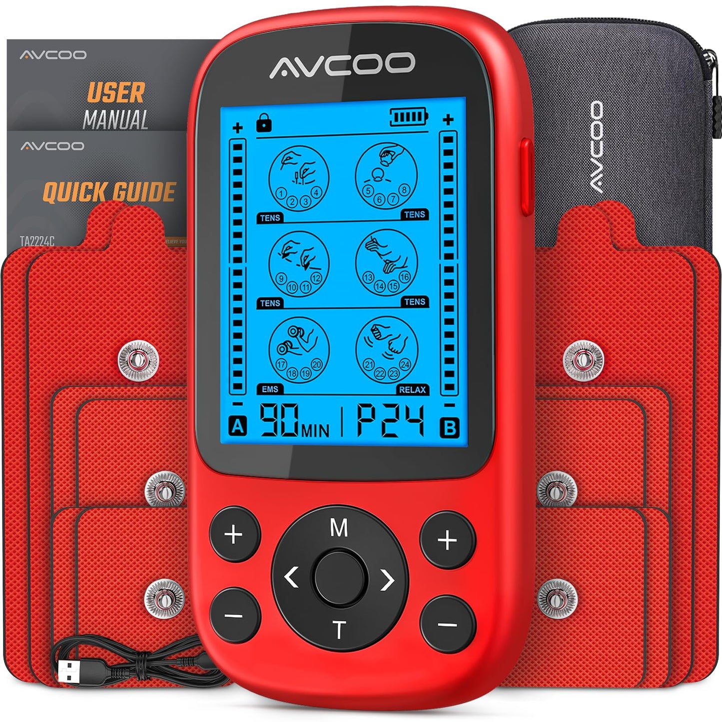 AVCOO 3-in-1 TENS Unit Muscle Stimulator for Pain Relief, 24 Modes, EVA Bag | Electronic Massager Machine with 40 Levels for Gradual Shoulder, Neck, Lower Back Pain Relief, Physical Therapy, 12 Pads, Red