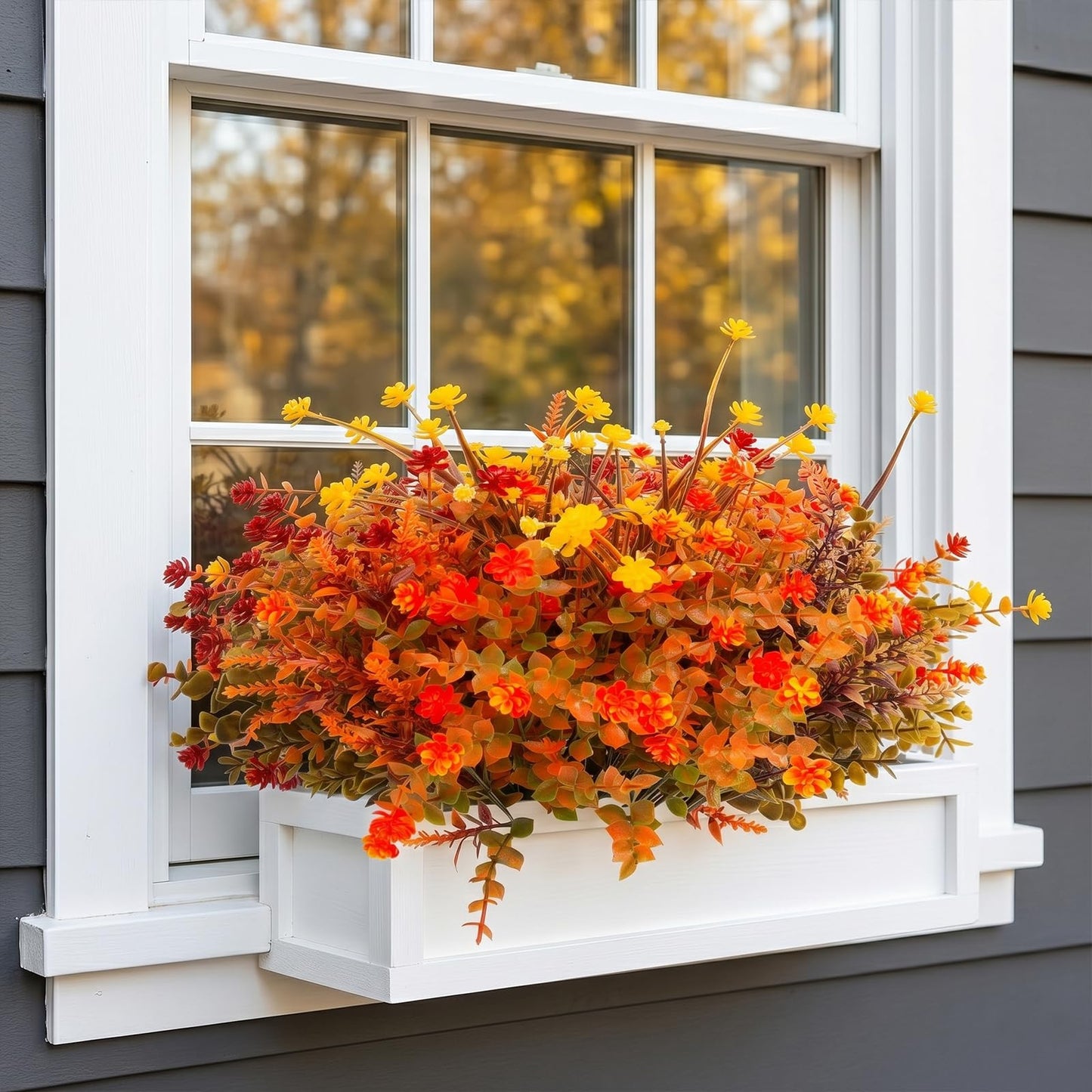 Hananona 12 Pcs Artificial Flowers Outdoor, Faux Artificial Plants UV Resistant Plastic Flower Bulk for Hanging Planter Porch Window Home Wedding Fall Summer Decor (12, Fuchsia, Purple, Yellow, Green)