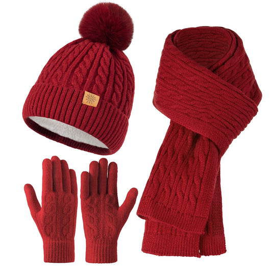 fauson Winter Hat Beanie Long Scarf Touchscreen Gloves Set, 3Pcs Fleece Lined Gloves Skull Cap Valentines Day Gifts for Her