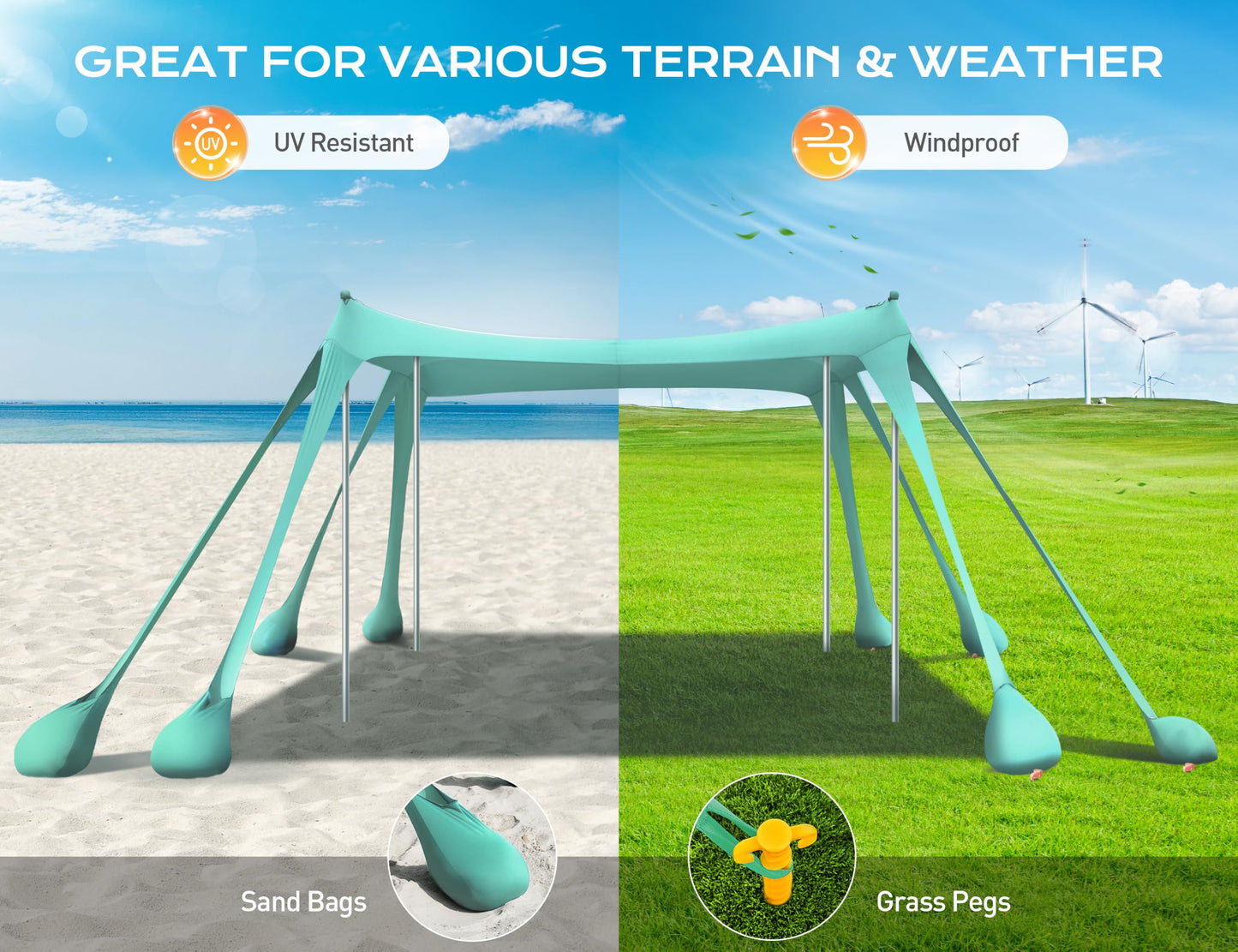 Rengue Beach Tent, Beach Canopy UPF50+ UV Protection, 10x10ft Beach Shade Sun Shelter with 8 Sandbags, Sand Shovels, Ground Peg, Stability Poles for Camping, Fishing, Picnic, Backyard Fun, Light Green