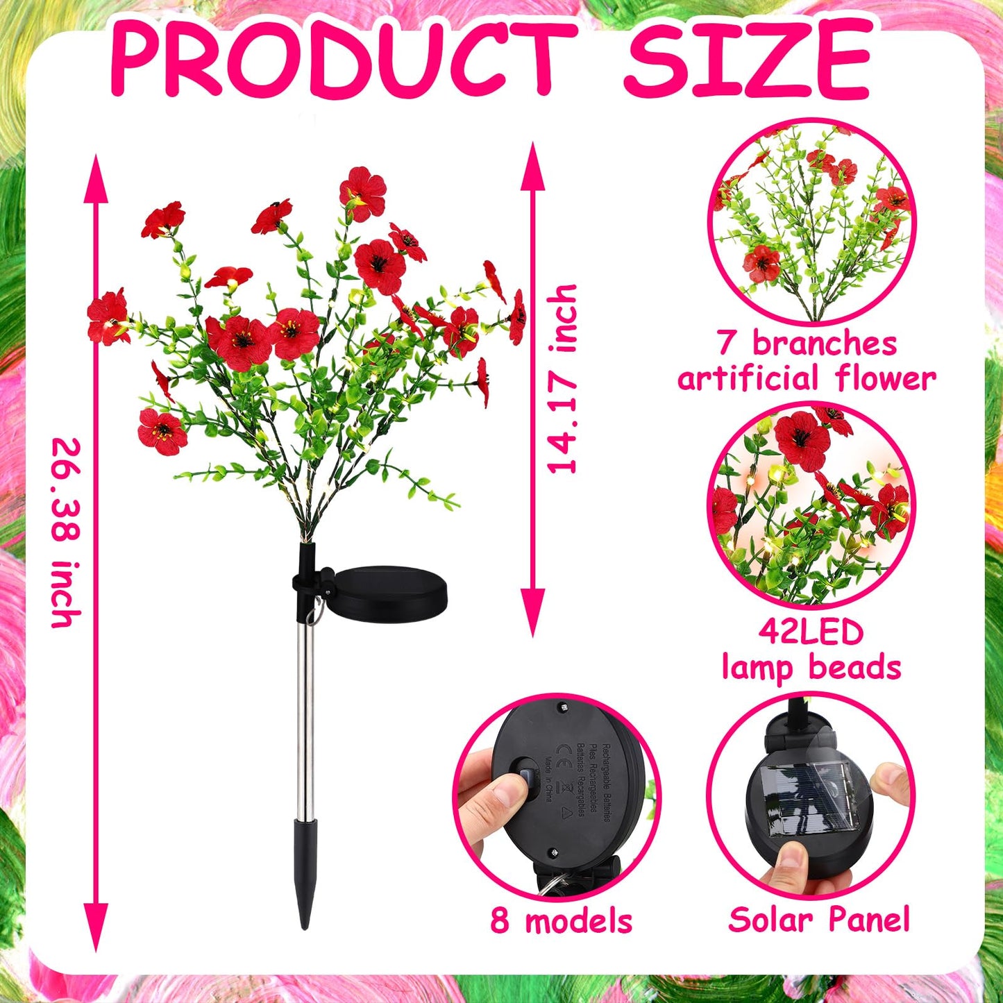 Glooglitter 2 Pack Solar Stake Lights Outdoor Decor Waterproof Mums Artificial Flowers Solar Lights for Outdoor Garden Yard Pathway Decor (Rose Red,Violet)