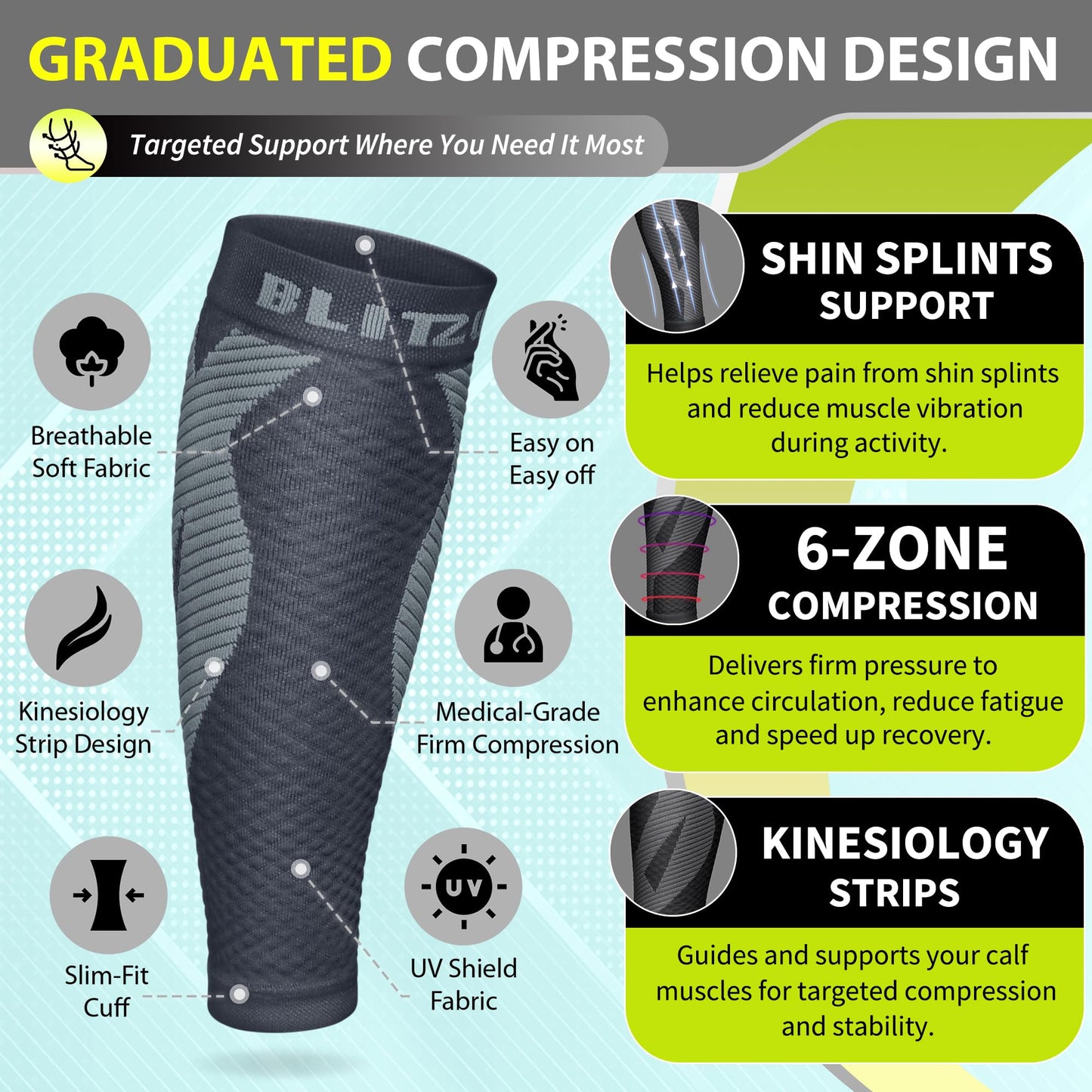 BLITZU Calf Compression Sleeve for Men & Women Footless Compression Socks Support Runners Leg Sleeve Shin Splints Pain Relief