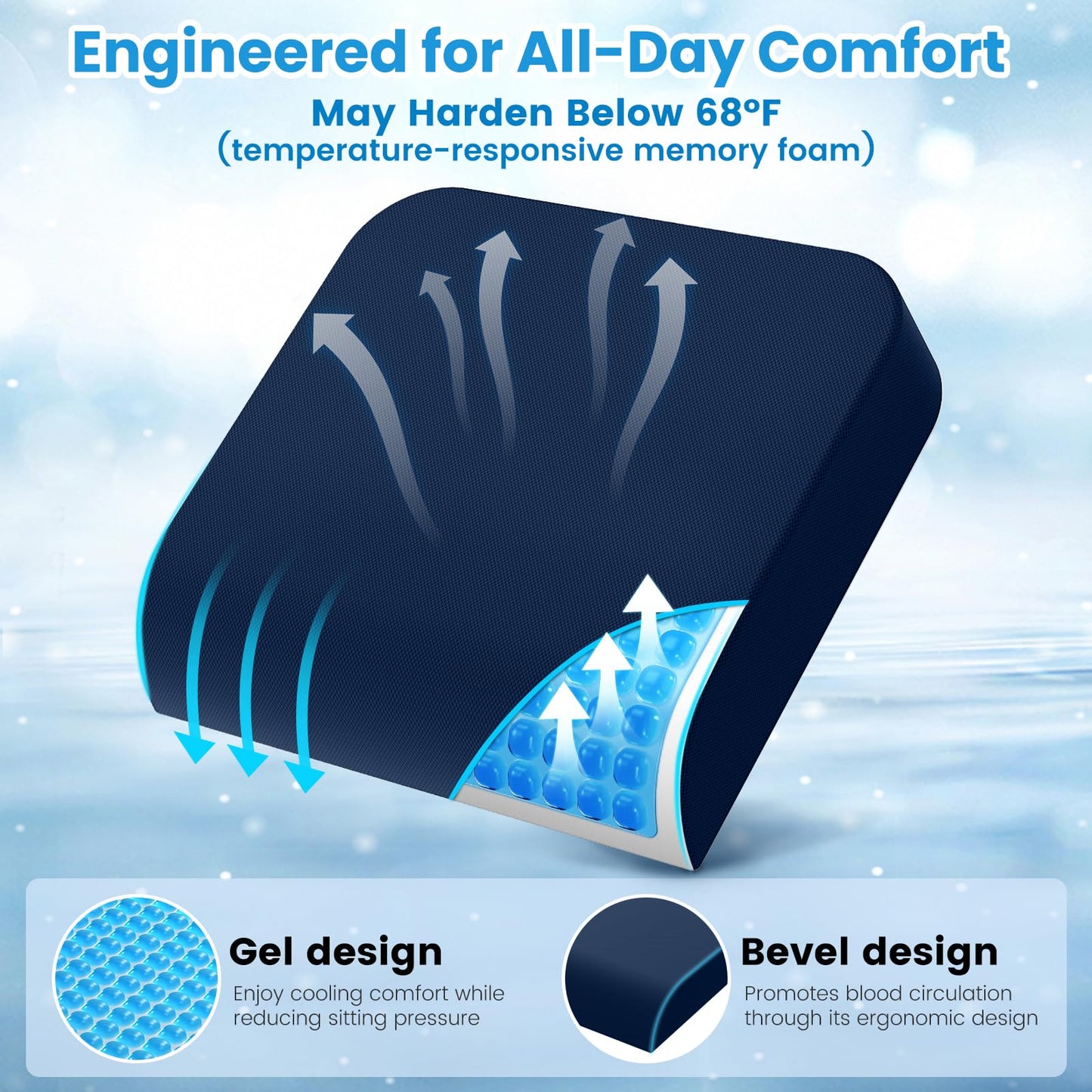 Wheelchair Seat Cushion for Pressure Relief, Cooling Gel Memory Foam Chair Cushion with Slope-Edge Design, Coccyx Support for Tailbone Pain, Non-Slip, for Wheelchairs, Office Chairs & Car Seats