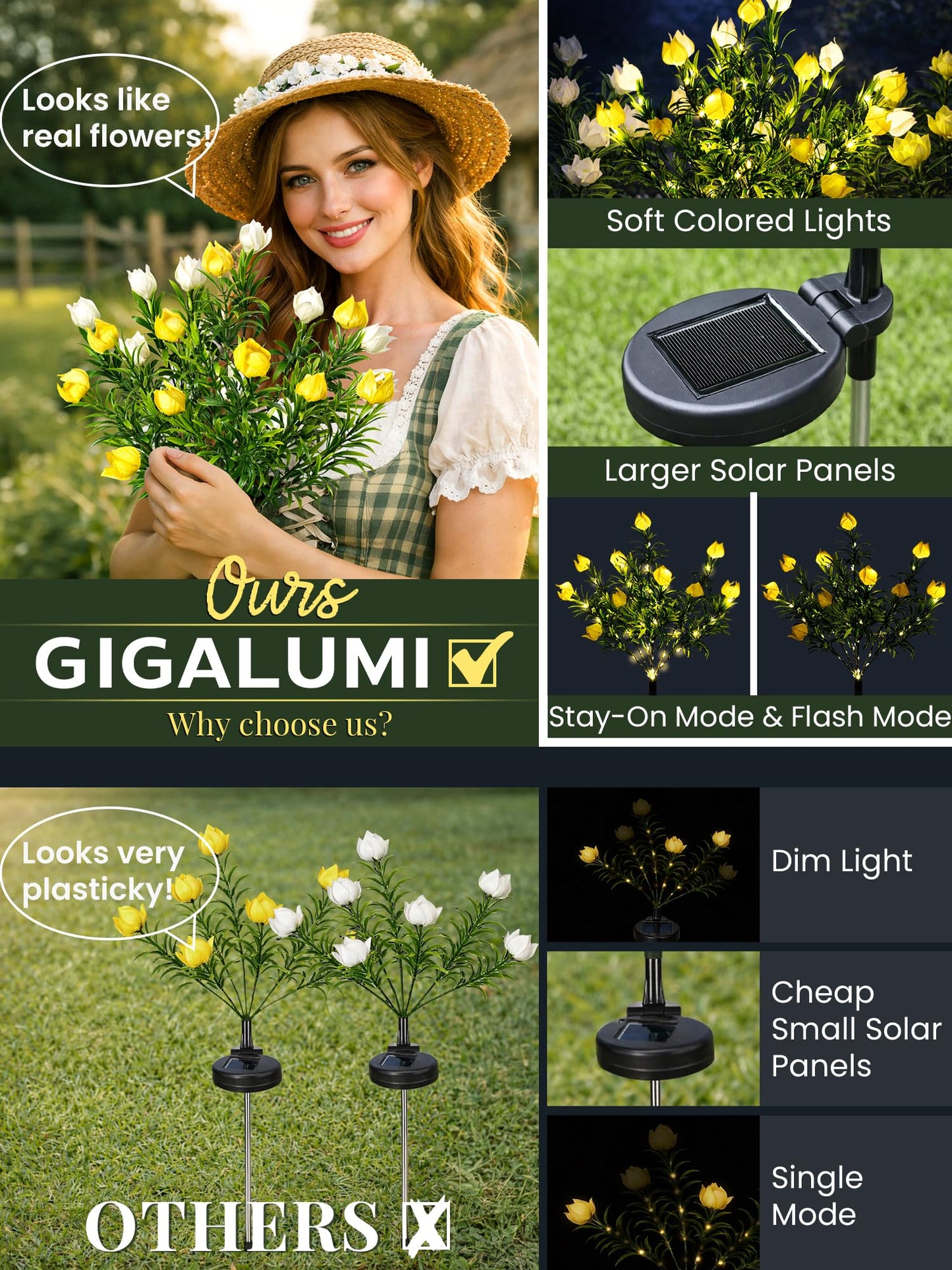 GIGALUMI Solar Garden Lights with Gardenias, 2 Pack LED Garden Decor Carefree Solar Flowers Outdoor Waterproof, Yard Decorations Outdoor, Allergy-Free Light up Flowers for Yard Patio (1white+1yellow)