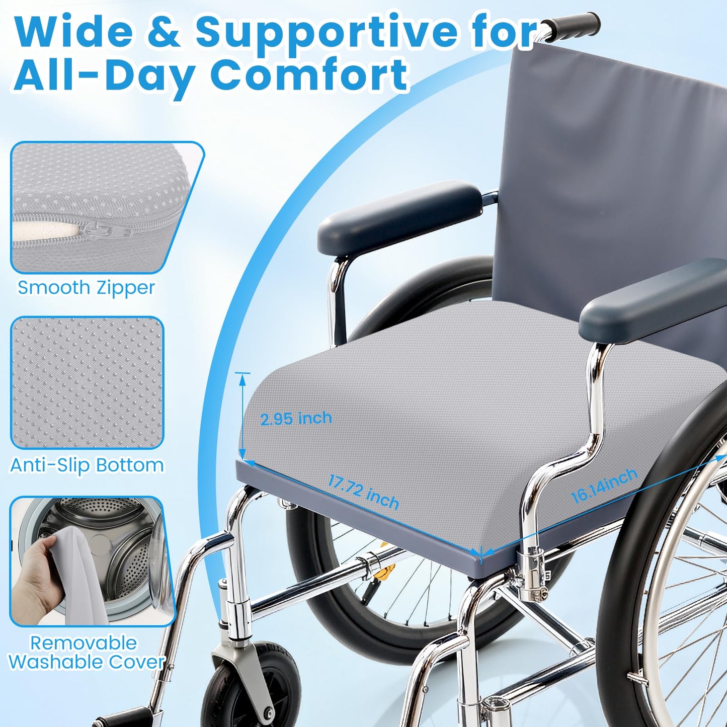 Wheelchair Seat Cushion for Pressure Relief, Cooling Gel Memory Foam Chair Cushion with Slope-Edge Design, Coccyx Support for Tailbone Pain, Non-Slip, for Wheelchairs, Office Chairs & Car Seats