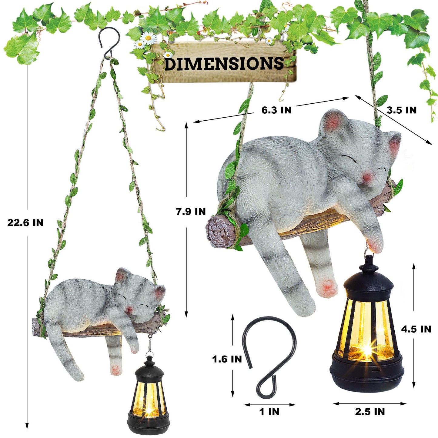 Solar Lighted Garden Outdoor Statue, 22.6" H Hanging Swing Lying with A Sleeping Cat and A LED Lantern, Resin Animal Figurine Hanging Ornaments with Hook for Decoration & Gift