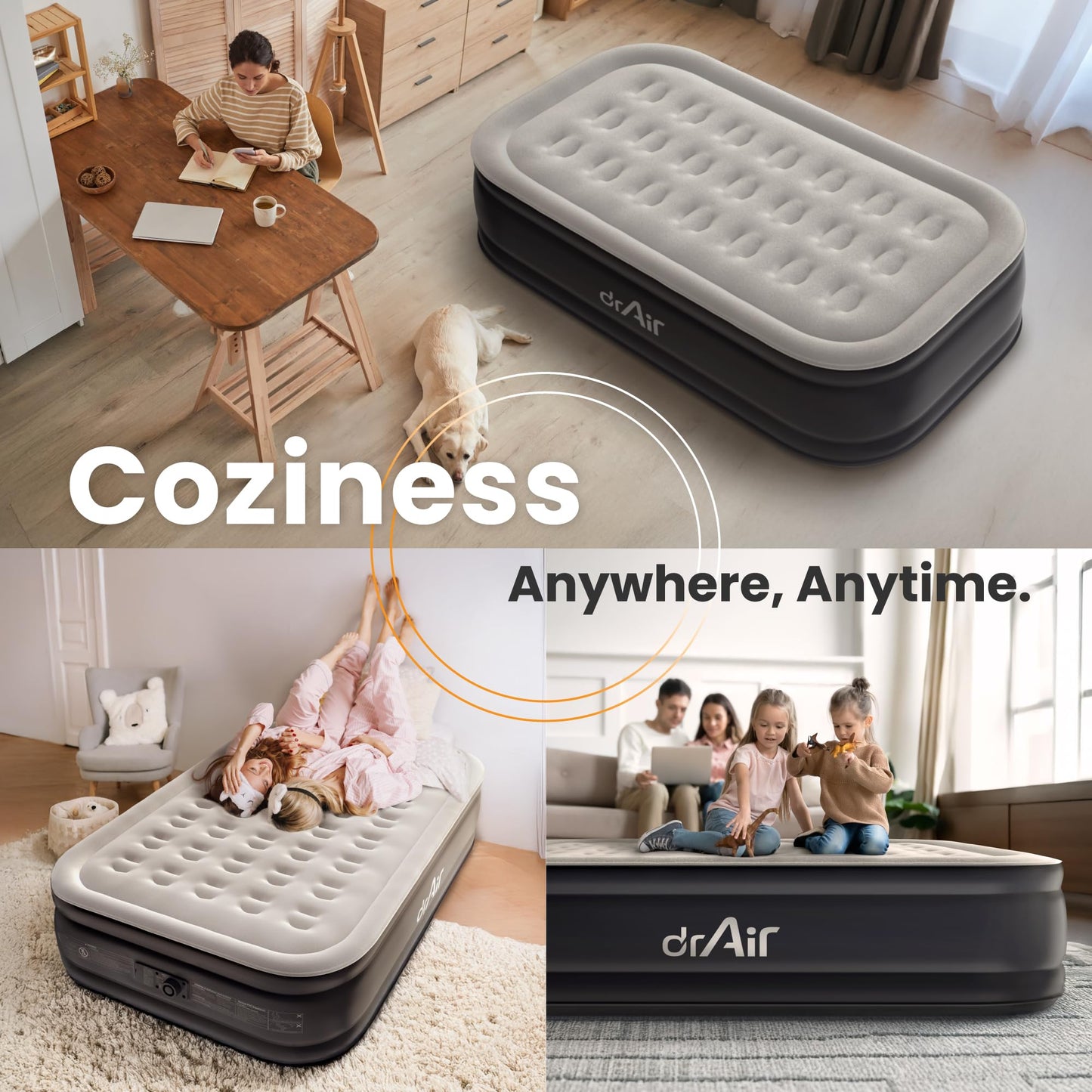 Dr. air Full Air Mattress with Built-in Pump, 18" Raised Blow Up Mattress, 600 lbs Max Honeycomb Air Bed, 48Hr Leak-Proof Test, 3min Inflatable Mattress for Home, Guests, Camping, Colchones inflables