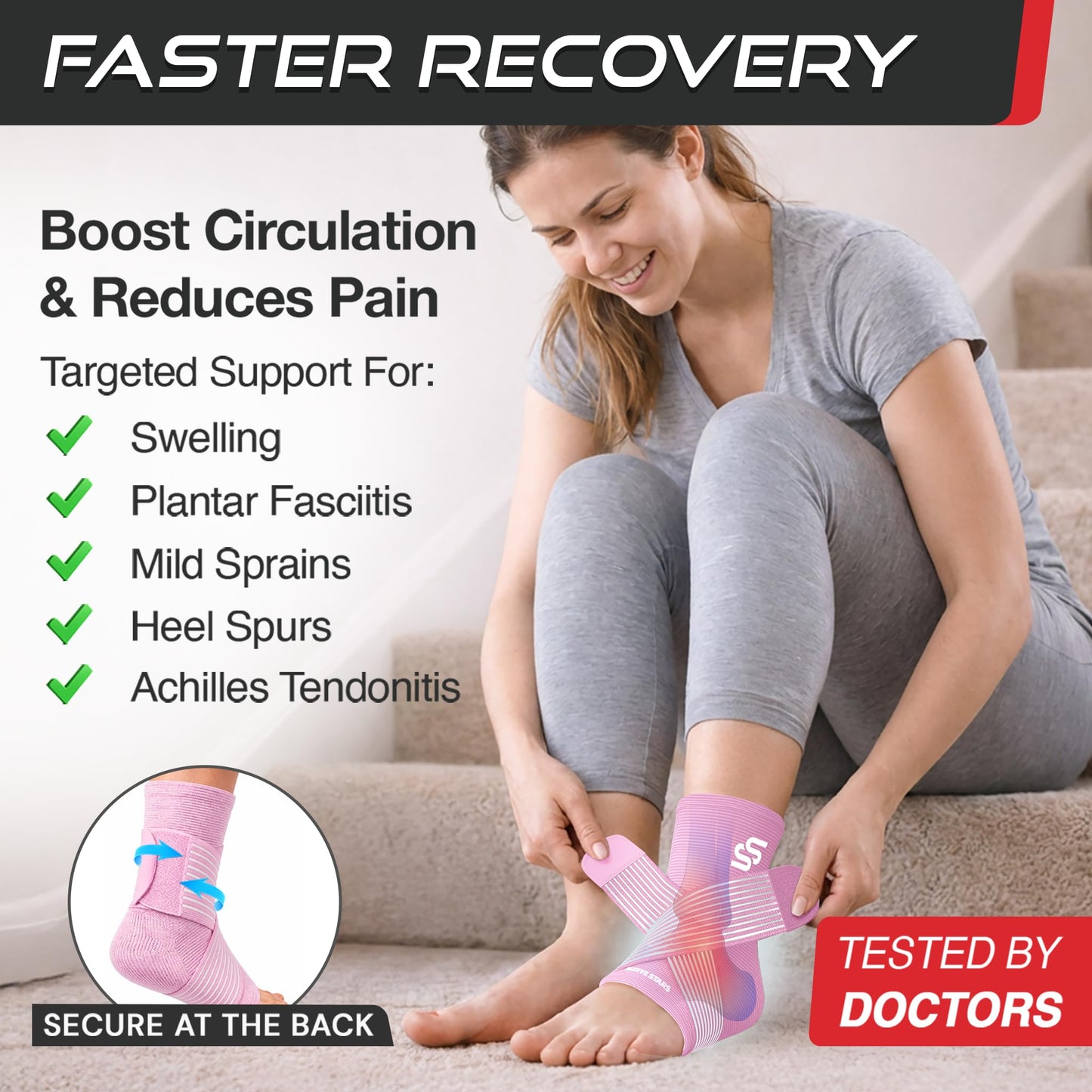 Sleeve Stars Ankle Brace for Women & Men, Ankle Wrap for Sprain, Compression Sleeve for Plantar Fasciitis Relief, Easy Customizable Support: w/ Removable Strap (Single/M:10"-12"/Black)