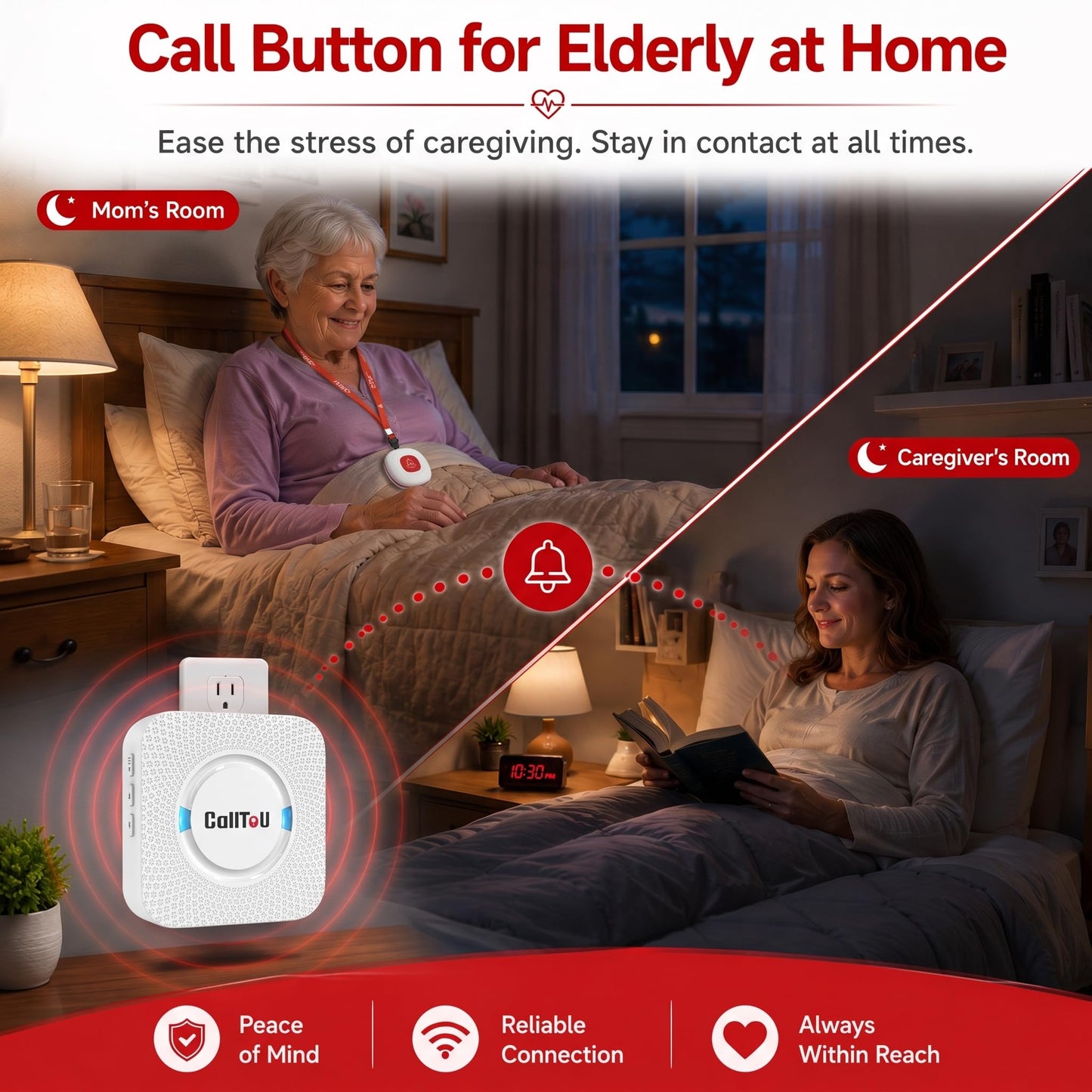 CallToU Wireless Caregiver Pager Smart Call System 2 SOS Call Buttons/Transmitters 2 Receivers Nurse Calling Alert Patient Help System for Home/Personal Attention Pager 500+Feet Plugin Receiver