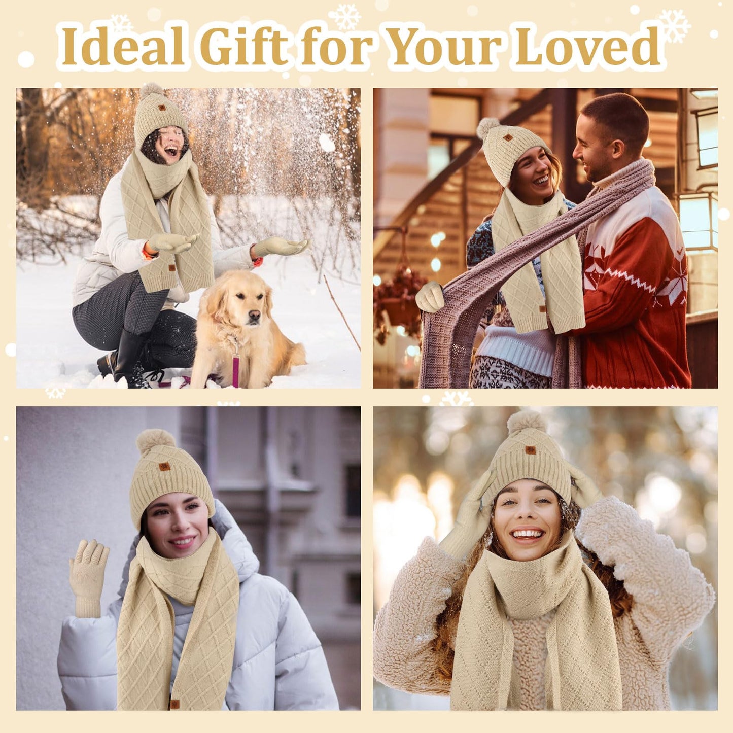 YARIEW Winter Hat Scarf and Gloves Set for Women, Warm Knitted Beanie with Pom Pom, Soft Ear Warmer Scarf, Warm Gloves