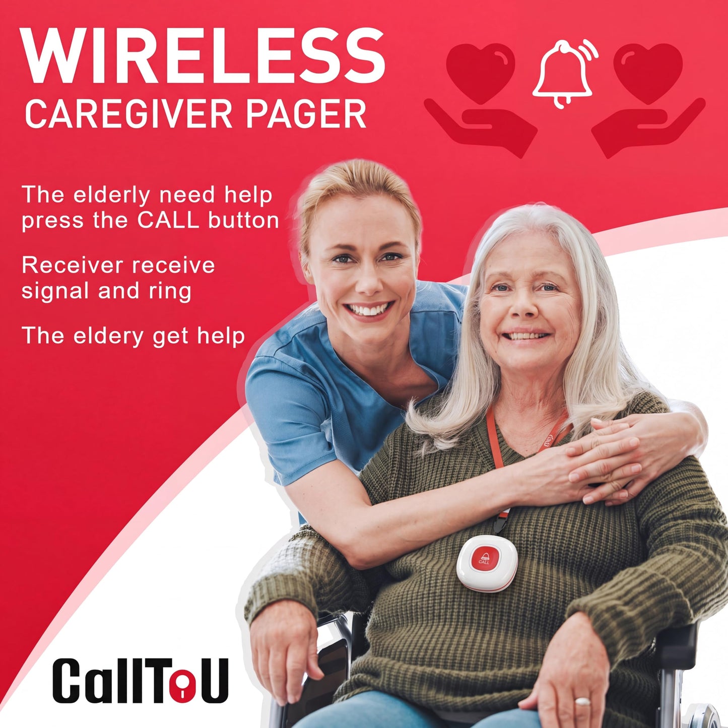 CallToU Wireless Caregiver Pager Smart Call System 2 SOS Call Buttons/Transmitters 2 Receivers Nurse Calling Alert Patient Help System for Home/Personal Attention Pager 500+Feet Plugin Receiver