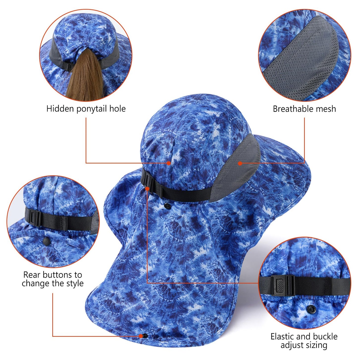 BASSDASH UPF 50+ Unisex Water Resistant Wide Brim Sun Hat with Large Neck Flap Ponytail Fishing Hat for Men Women