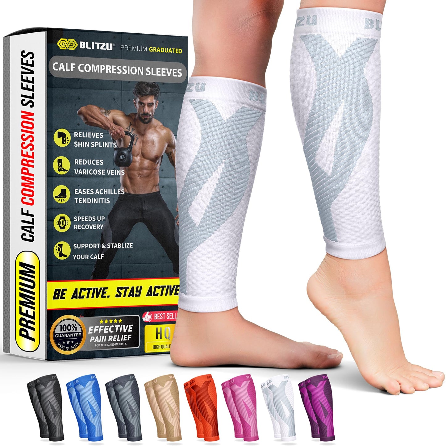 BLITZU Calf Compression Sleeve for Men & Women Footless Compression Socks Support Runners Leg Sleeve Shin Splints Pain Relief