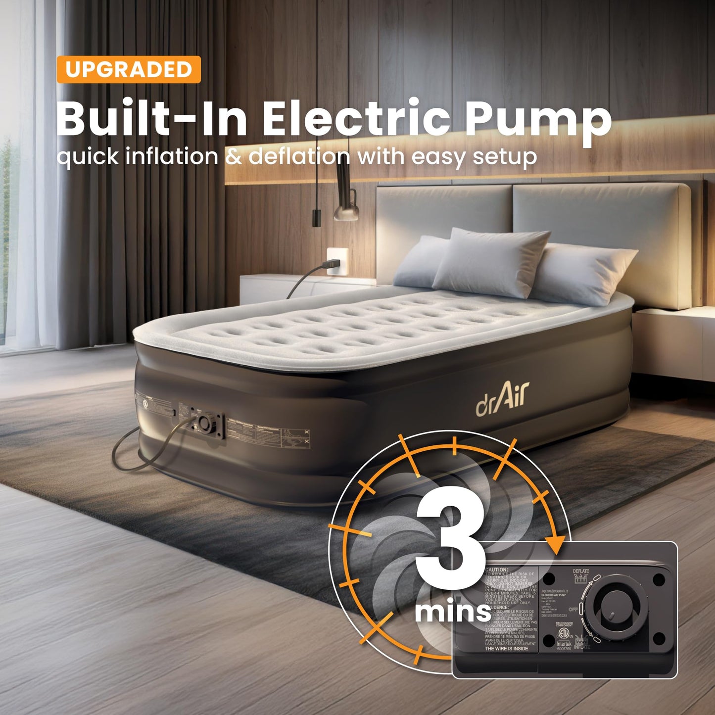 Dr. air Full Air Mattress with Built-in Pump, 18" Raised Blow Up Mattress, 600 lbs Max Honeycomb Air Bed, 48Hr Leak-Proof Test, 3min Inflatable Mattress for Home, Guests, Camping, Colchones inflables