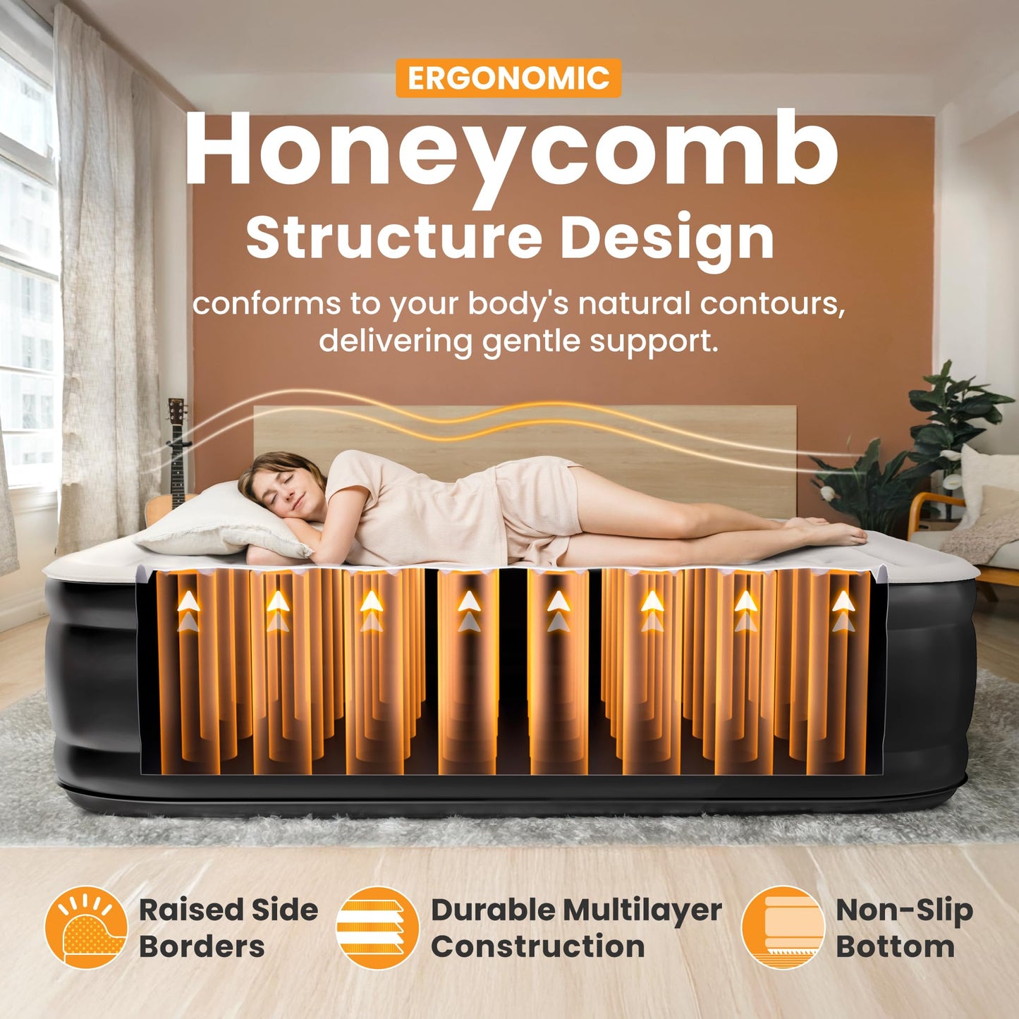 Dr. air Full Air Mattress with Built-in Pump, 18" Raised Blow Up Mattress, 600 lbs Max Honeycomb Air Bed, 48Hr Leak-Proof Test, 3min Inflatable Mattress for Home, Guests, Camping, Colchones inflables