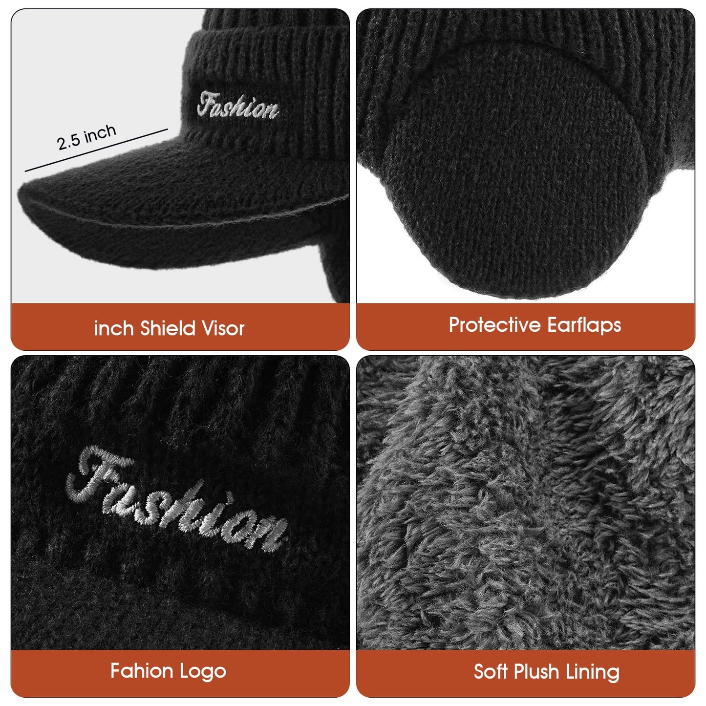 Winter Hat with Ear Flaps for Men, Beanie with Brim Hat Scarf Set, Warm Fleece Lined Skull Cap Neck Warmer for Women