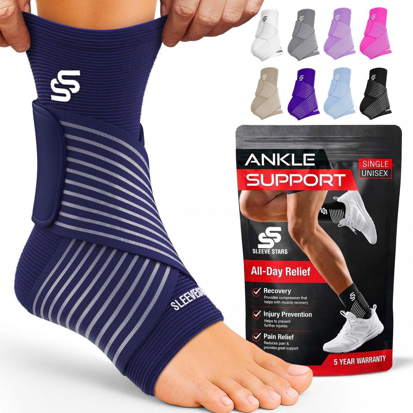 Sleeve Stars Ankle Brace for Women & Men, Ankle Wrap for Sprain, Compression Sleeve for Plantar Fasciitis Relief, Easy Customizable Support: w/ Removable Strap (Single/M:10"-12"/Black)