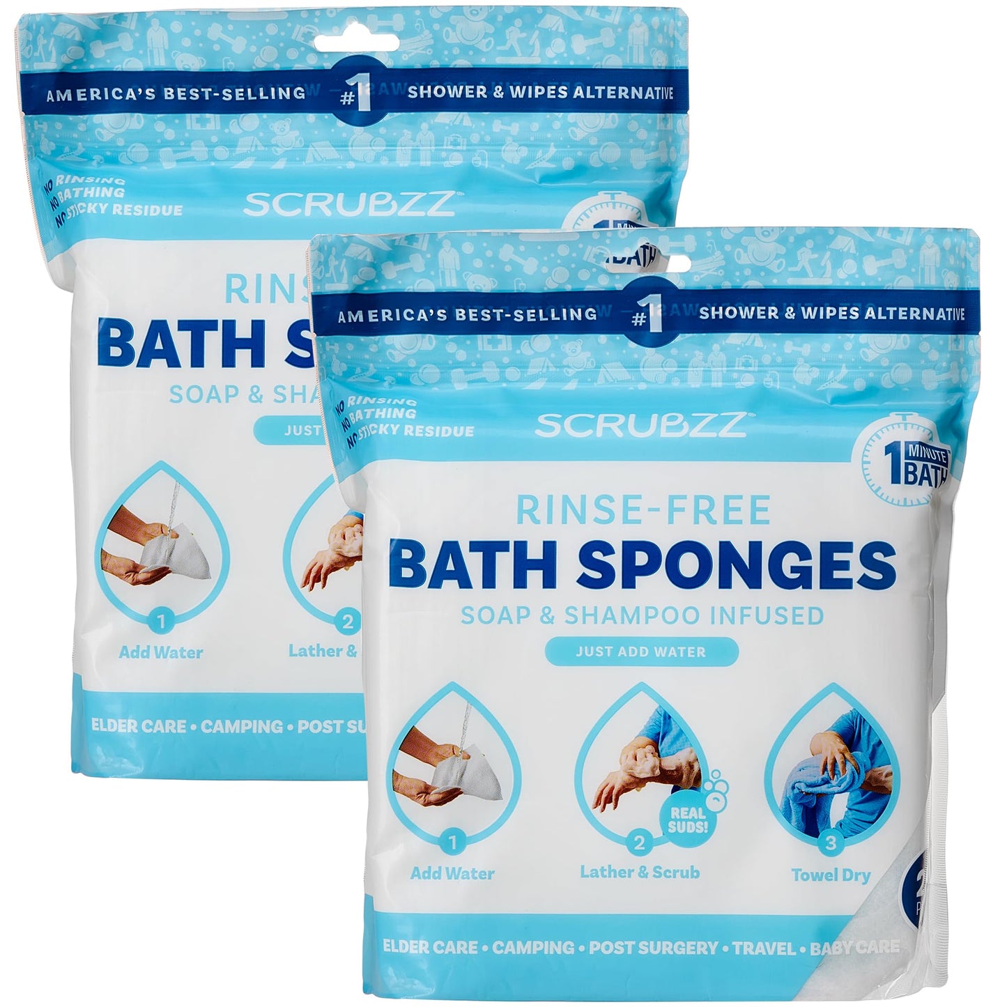 Scrubzz Disposable Rinse Free Bathing Wipes - 25 Pack - All-in-1 Single Use Shower Wipes, Simply Dampen, Lather, and Dry Without Shampoo or Rinsing