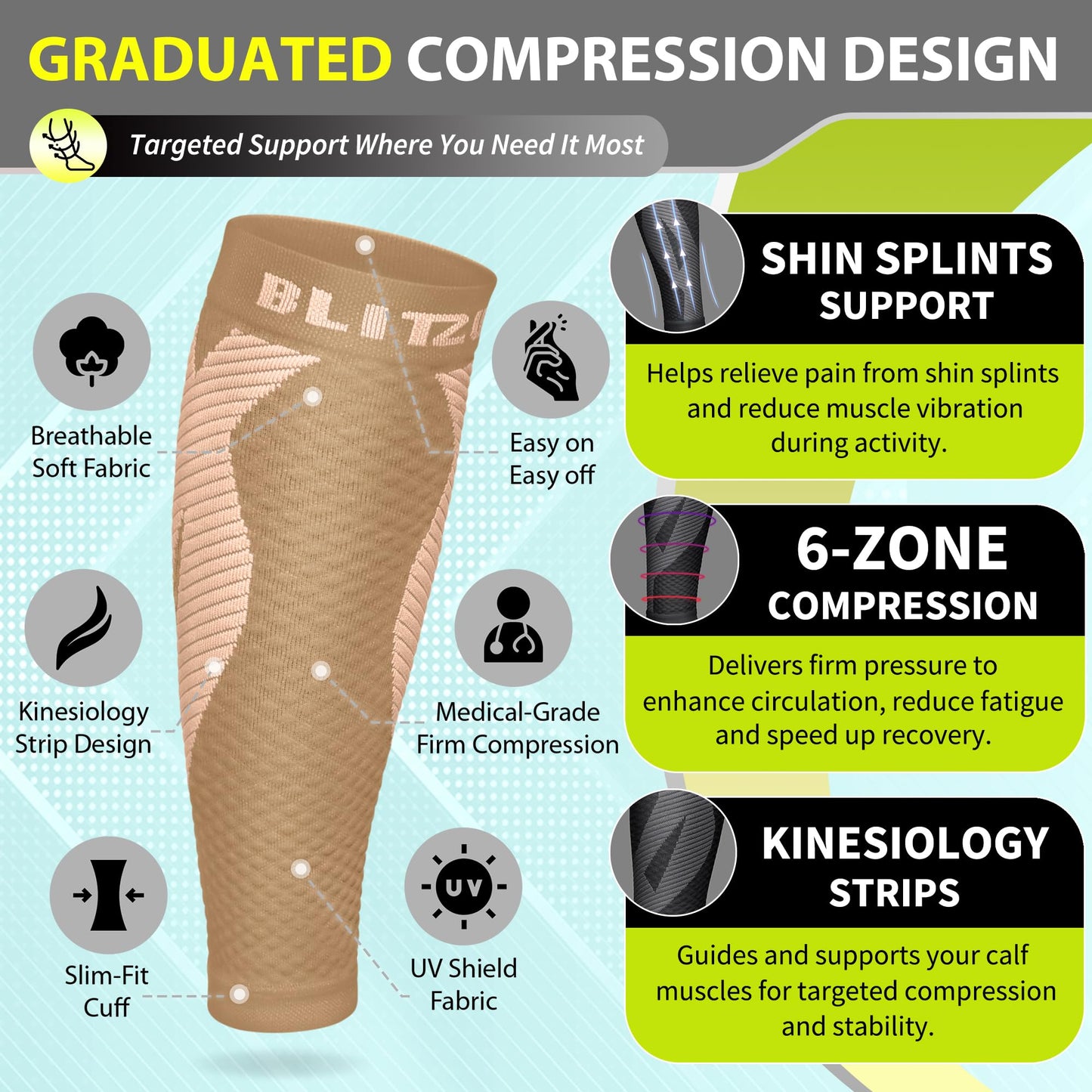 BLITZU Calf Compression Sleeve for Men & Women Footless Compression Socks Support Runners Leg Sleeve Shin Splints Pain Relief