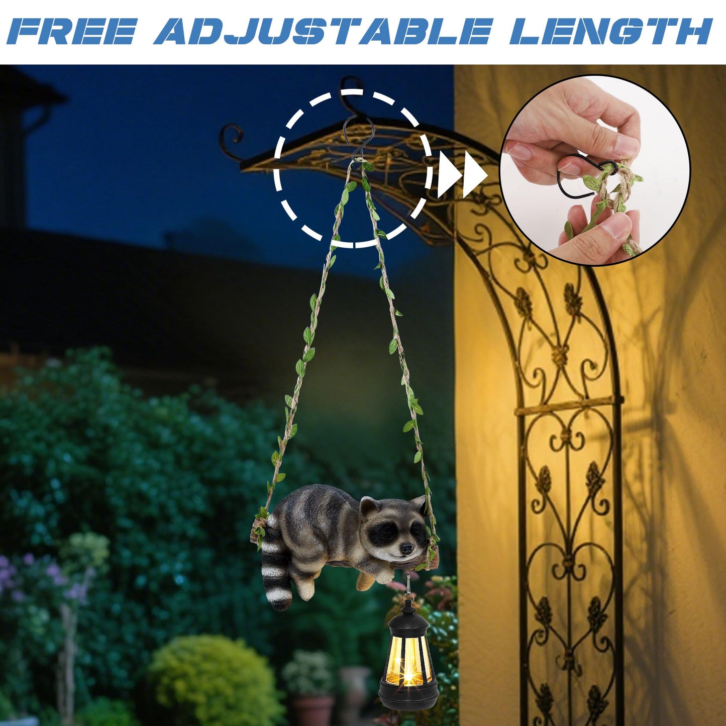 Solar Lighted Garden Outdoor Statue, 22.6" H Hanging Swing Lying with A Sleeping Cat and A LED Lantern, Resin Animal Figurine Hanging Ornaments with Hook for Decoration & Gift