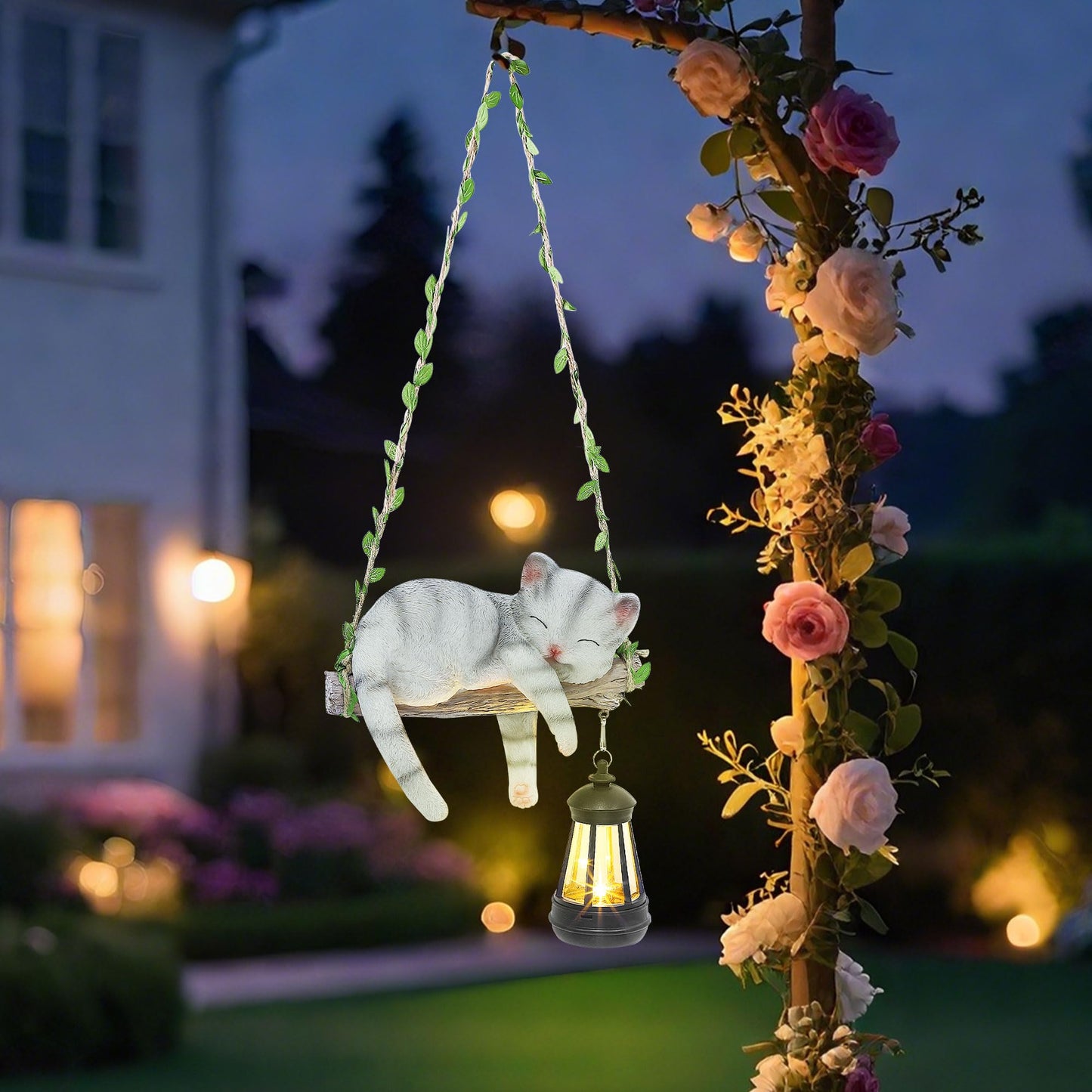 Solar Lighted Garden Outdoor Statue, 22.6" H Hanging Swing Lying with A Sleeping Cat and A LED Lantern, Resin Animal Figurine Hanging Ornaments with Hook for Decoration & Gift