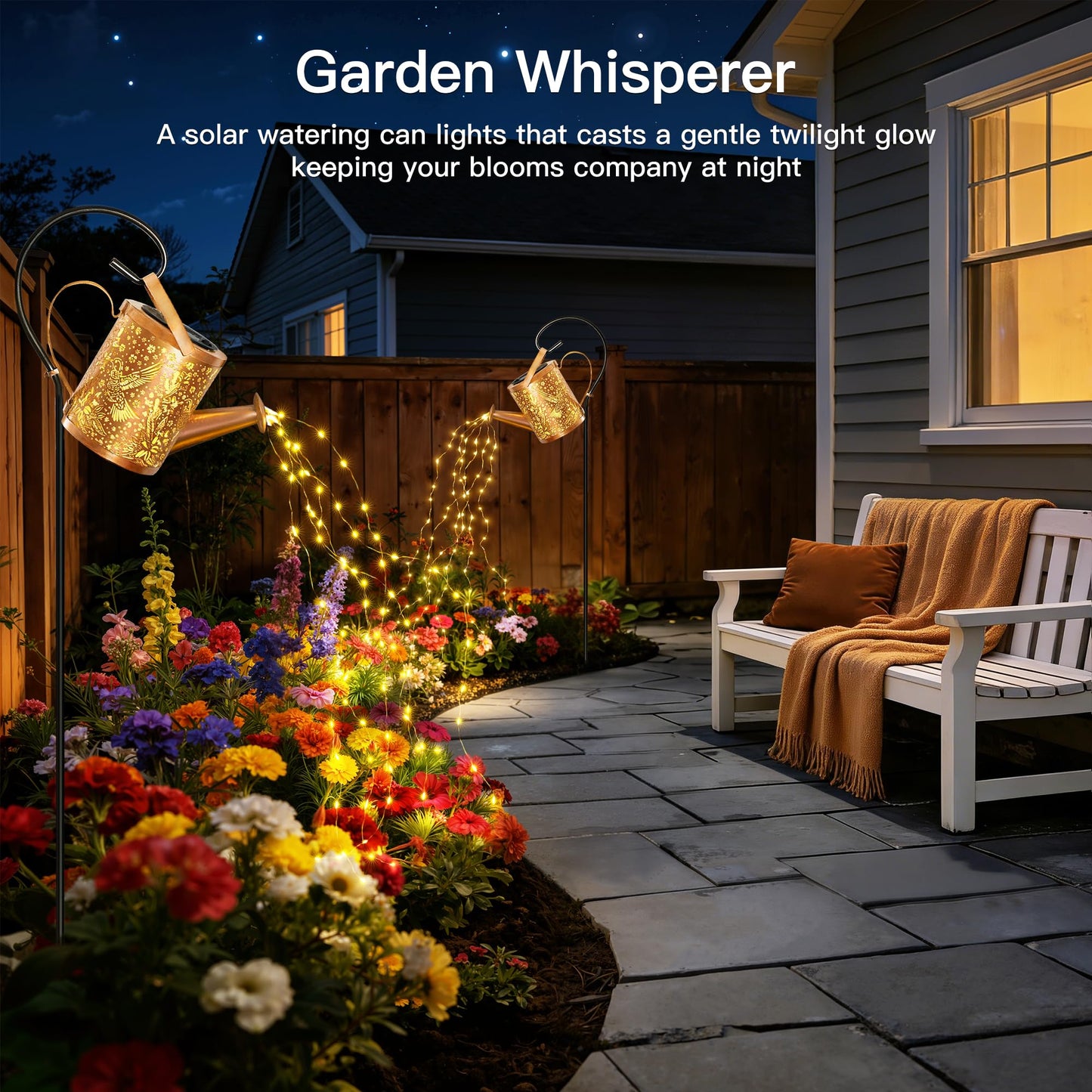 Ollny Solar Watering Can with Cascading Lights Outdoor Garden Decor, Birthday Gifts for Mom Grandma Women, IP65 Waterproof 2 Lighting Modes Hanging Lanterns for Yard Patio Lawn (Hummingbird)