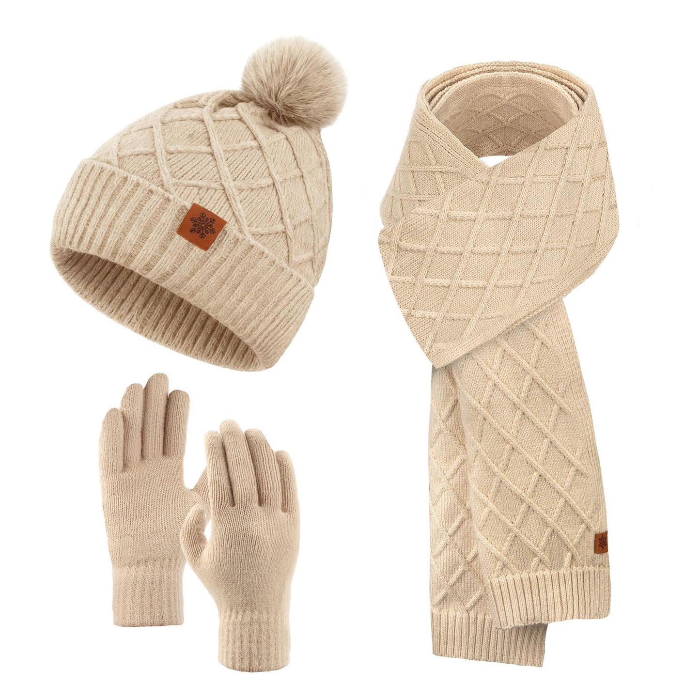 YARIEW Winter Hat Scarf and Gloves Set for Women, Warm Knitted Beanie with Pom Pom, Soft Ear Warmer Scarf, Warm Gloves