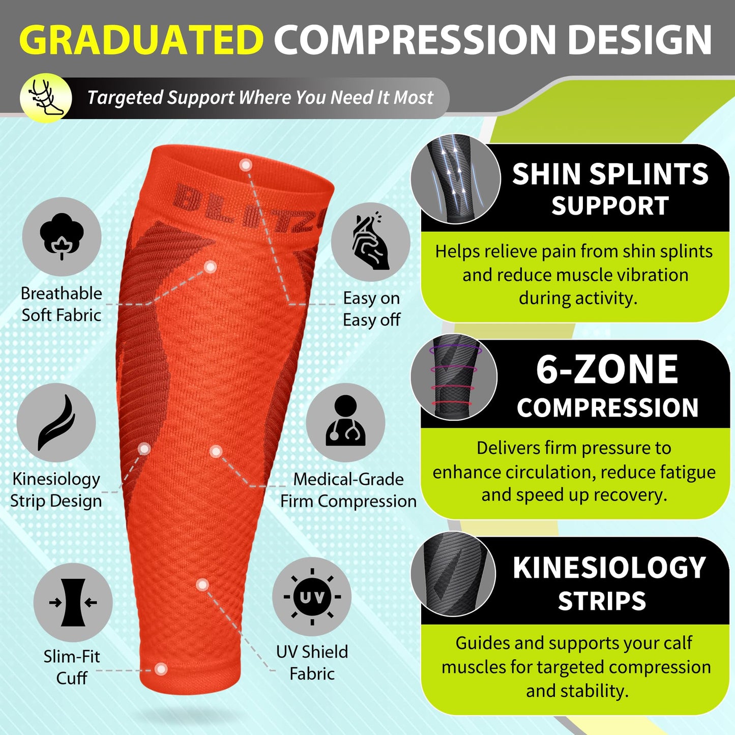 BLITZU Calf Compression Sleeve for Men & Women Footless Compression Socks Support Runners Leg Sleeve Shin Splints Pain Relief
