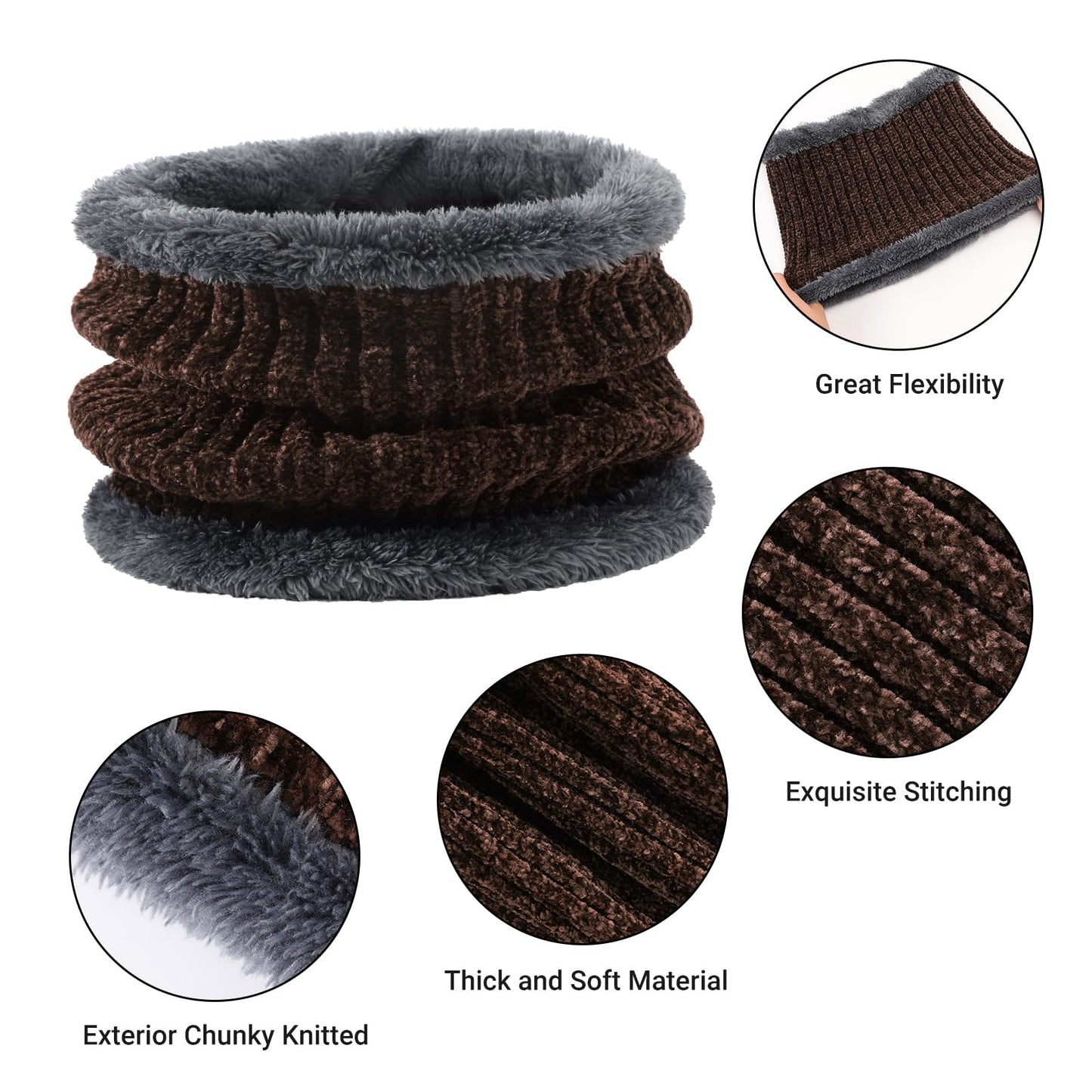 Winter Beanie Hat Circle Scarf Gloves Set for Men Women, Thick Warm Chenille Skull Cap Touchscreen Gloves Neck Warmer