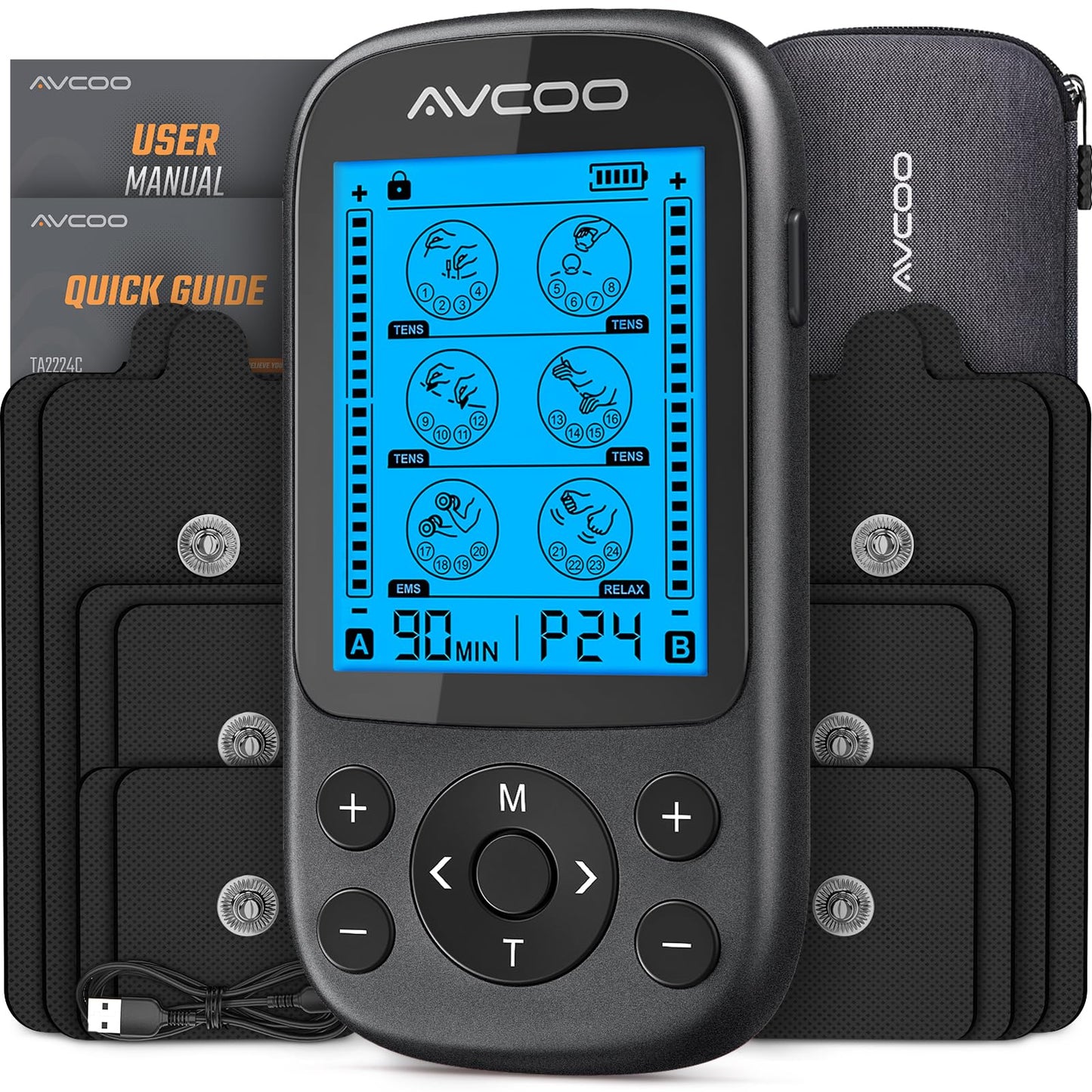 AVCOO 3-in-1 TENS Unit Muscle Stimulator for Pain Relief, 24 Modes, EVA Bag | Electronic Massager Machine with 40 Levels for Gradual Shoulder, Neck, Lower Back Pain Relief, Physical Therapy, 12 Pads, Red