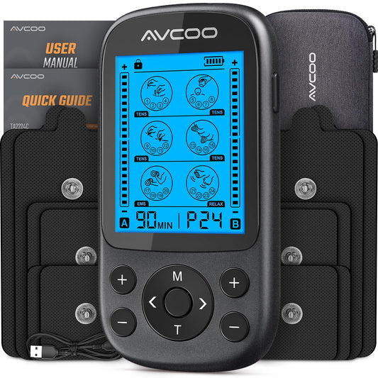 AVCOO 3-in-1 TENS Unit Muscle Stimulator for Pain Relief, 24 Modes, EVA Bag | Electronic Massager Machine with 40 Levels for Gradual Shoulder, Neck, Lower Back Pain Relief, Physical Therapy, 12 Pads, Red
