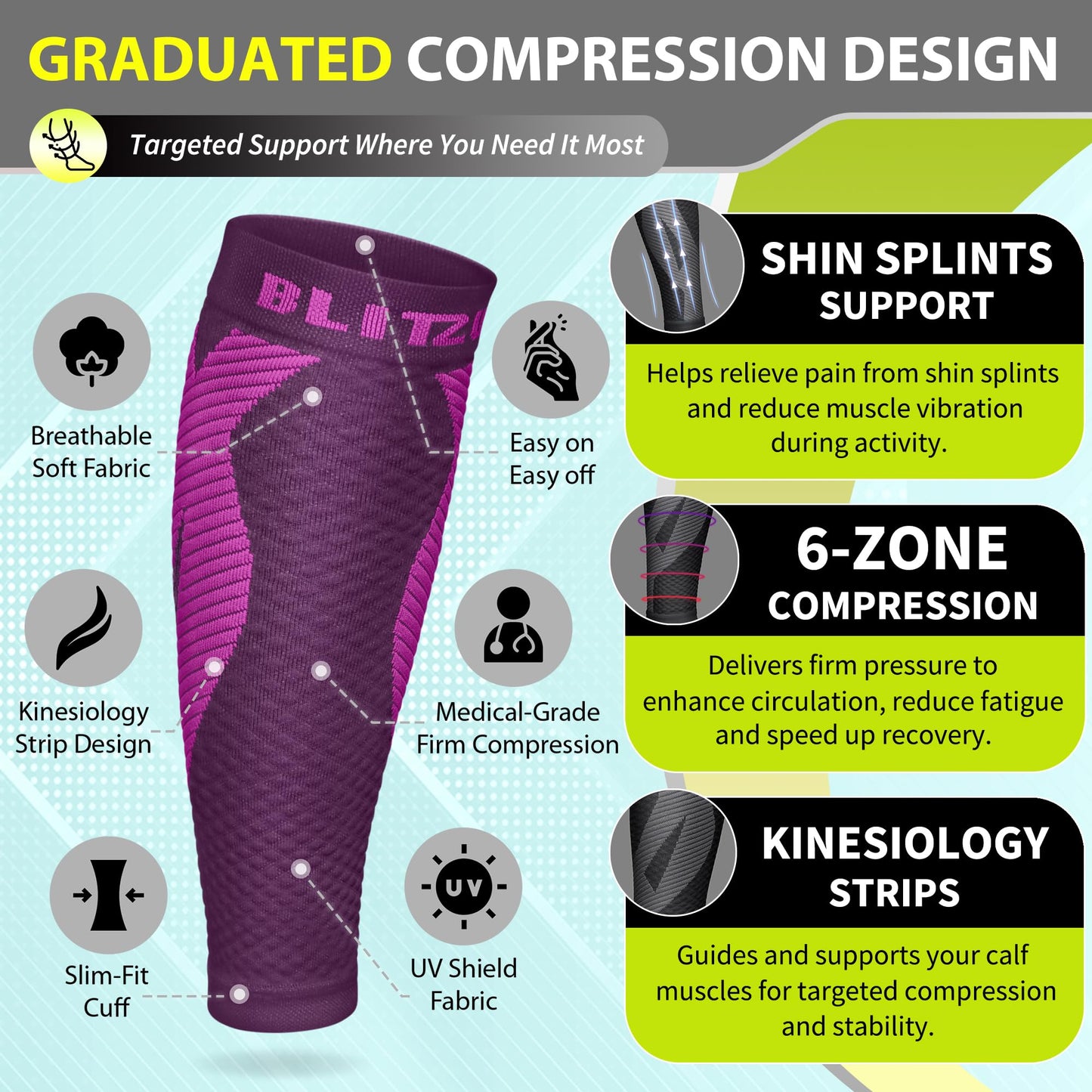 BLITZU Calf Compression Sleeve for Men & Women Footless Compression Socks Support Runners Leg Sleeve Shin Splints Pain Relief